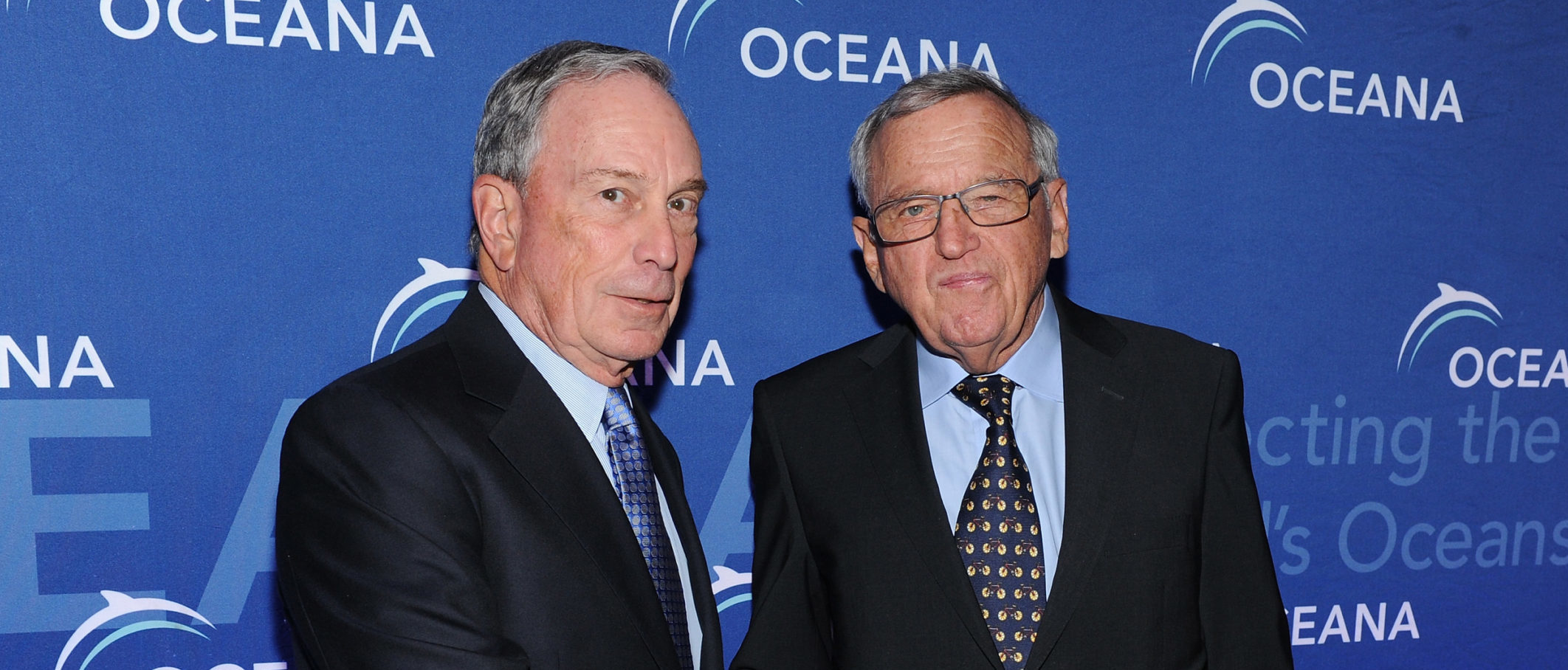 NEW YORK, NY - APRIL 01: Former Mayor of New York City Michael Bloomberg (L) and philanthropist Hansjorg Wyss attend Oceana's 2015 New York City benefit at Four Seasons Restaurant on April 1, 2015 in New York City. (Photo by Craig Barritt/Getty Images for Oceana)