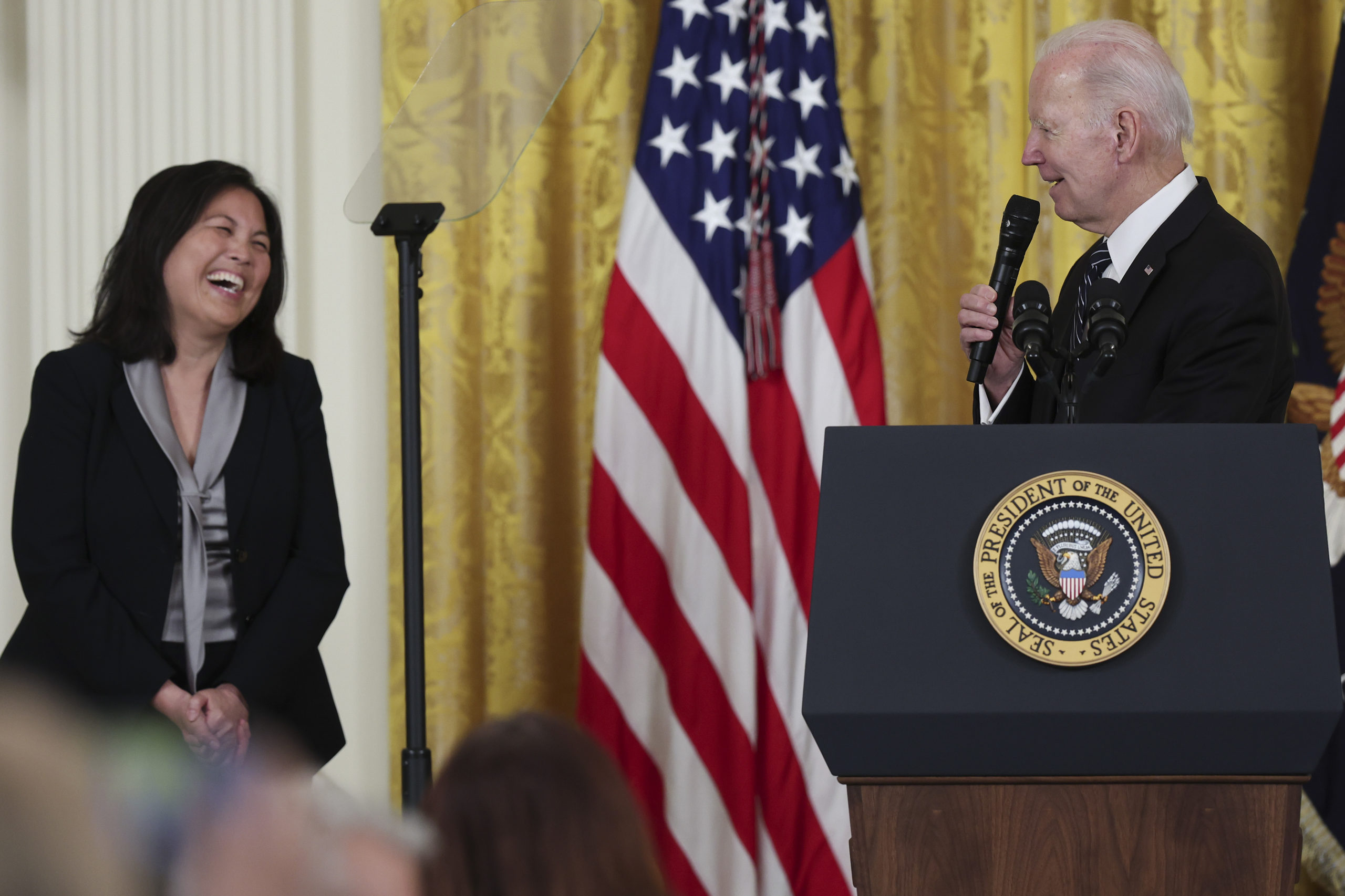 U.S. President Joe Biden announces Julie Su as his nominee to be the next Secretary of Labor during an event in the East Room of the White House: March 1, 2023, in Washington, DC. (Photo by Win McNamee/Getty Images)