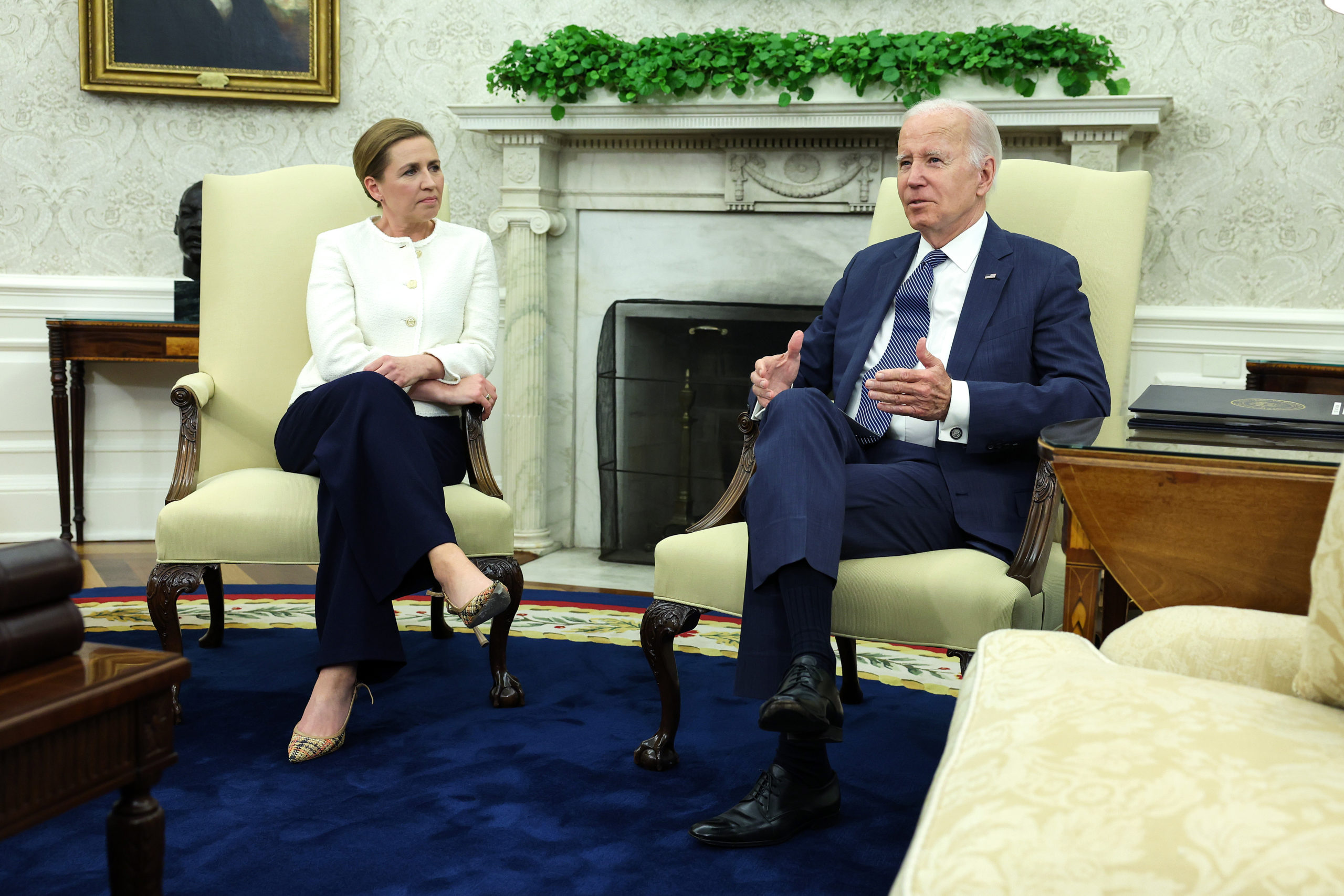 WASHINGTON, DC - JUNE 05: U.S. President Joe Biden holds a bilateral meeting with Prime Minister Mette Frederiksen of Denmark in the Oval Office at the White House on June 05, 2023 in Washington, DC. Biden and Frederiksen discussed the war in Ukraine, including the recently announced plan to train and equip the Ukrainians with F-16 fighter jets.