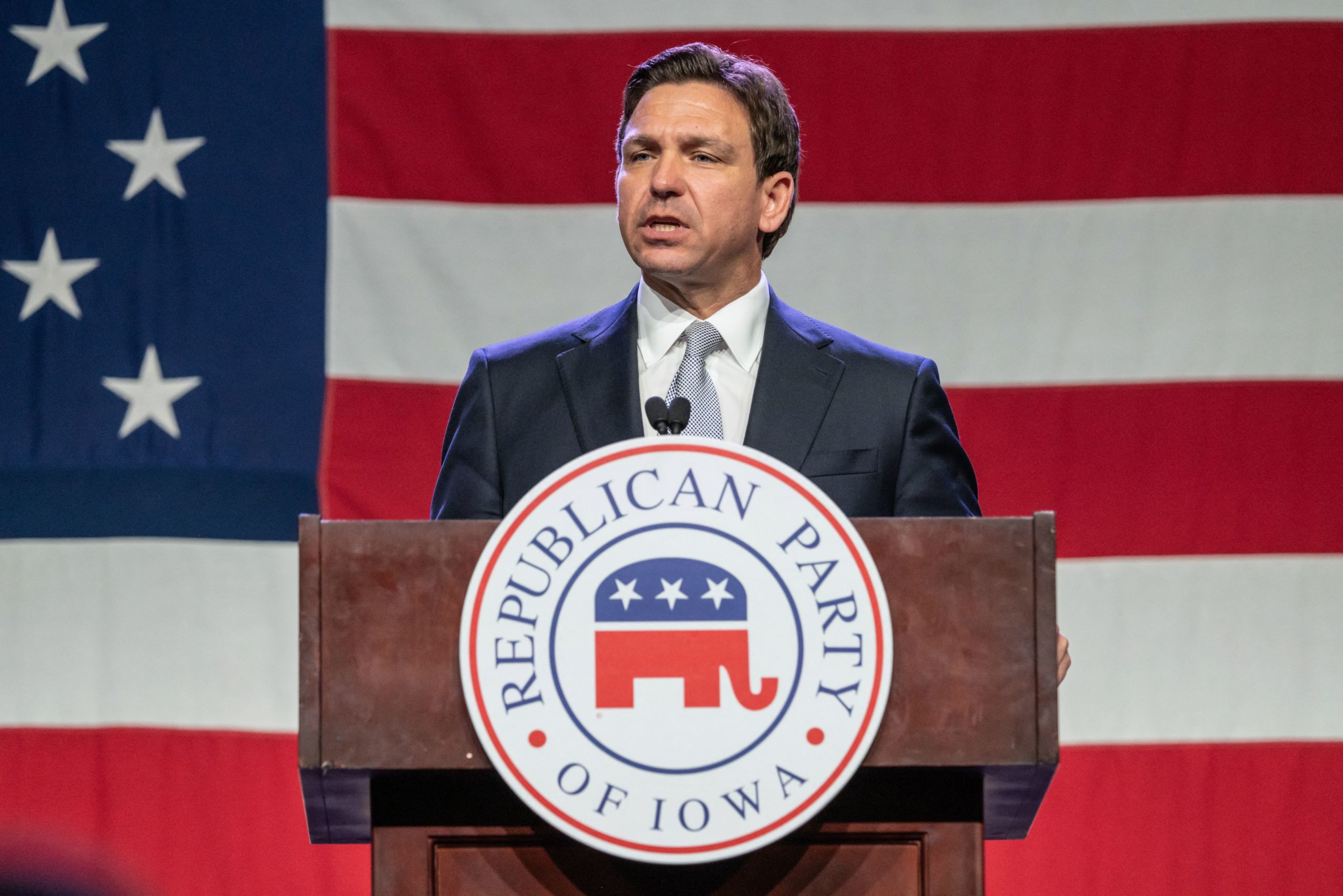Florida Governor and 2024 Republican Presidential hopeful Ron DeSantis speaks at the Republican Party of Iowa's 2023 Lincoln Dinner at the Iowa Events Center in Des Moines, Iowa, on July 28, 2023. (Photo by Sergio FLORES / AFP) (Photo by SERGIO FLORES/AFP via Getty Images)