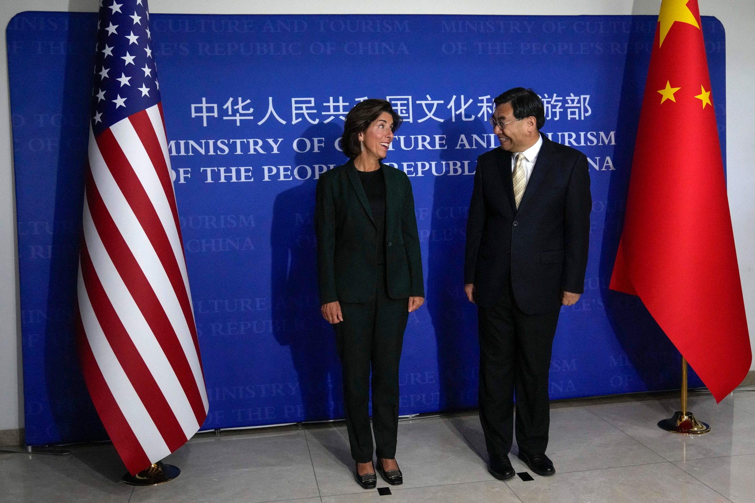 US Commerce Secretary Gina Raimondo (L) meets with Chinese Minister of Culture and Tourism Hu Heping before their meeting at the Ministry of Culture and Tourism in Beijing on August 29, 2023. (Photo by Andy Wong / POOL / AFP) (Photo by ANDY WONG/POOL/AFP via Getty Images)