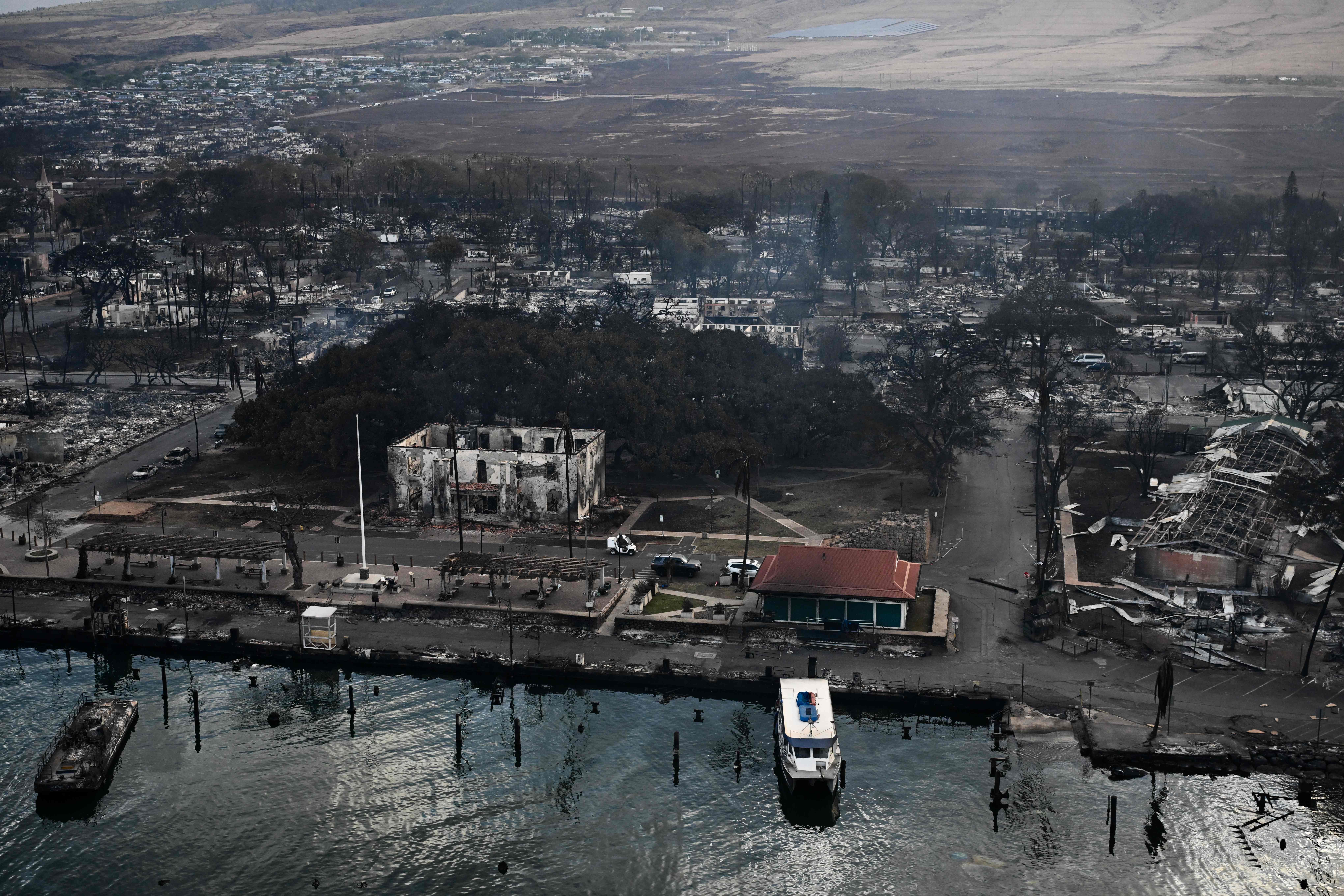 An aerial view shows the historic Banyan Tree along with destroyed homes, boats, and buildings burned to the ground in the historic Lahaina town in the aftermath of wildfires in western Maui in Lahaina, Hawaii, on August 10, 2023. At least 36 people have died after a fast-moving wildfire turned Lahaina to ashes, officials said August 9, as visitors asked to leave the island of Maui found themselves stranded at the airport. The fires began burning early August 8, scorching thousands of acres and putting homes, businesses and 35,000 lives at risk on Maui, the Hawaii Emergency Management Agency said in a statement. (Photo by Patrick T. Fallon / AFP) (Photo by PATRICK T. FALLON/AFP via Getty Images)