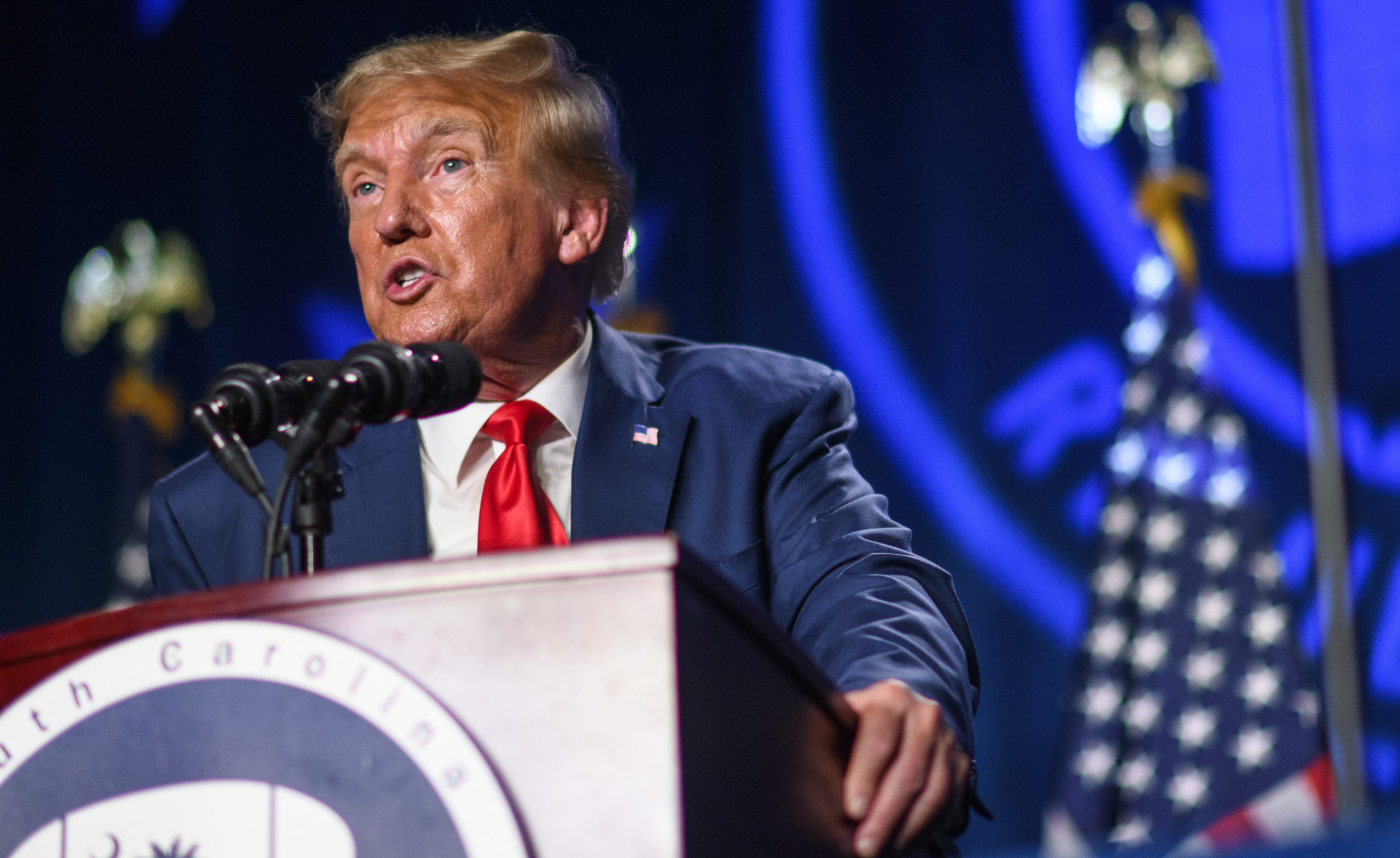 COLUMBIA, SC - AUGUST 5: Former President Donald Trump speaks as a keynote speaker at the 56th Annual Silver Elephant Dinner hosted by the Republican Party of South Carolina on August 5, 2023 in Columbia, SC. President Trump was introduced by South Carolina Gov. Henry McMaster.  (Photo Credit: Melissa Sue Geritz/Getty Images)