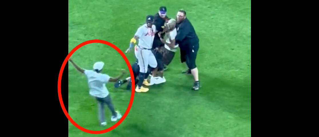 Multiple Fans Rush Field and Make Contact With Braves' Ronald