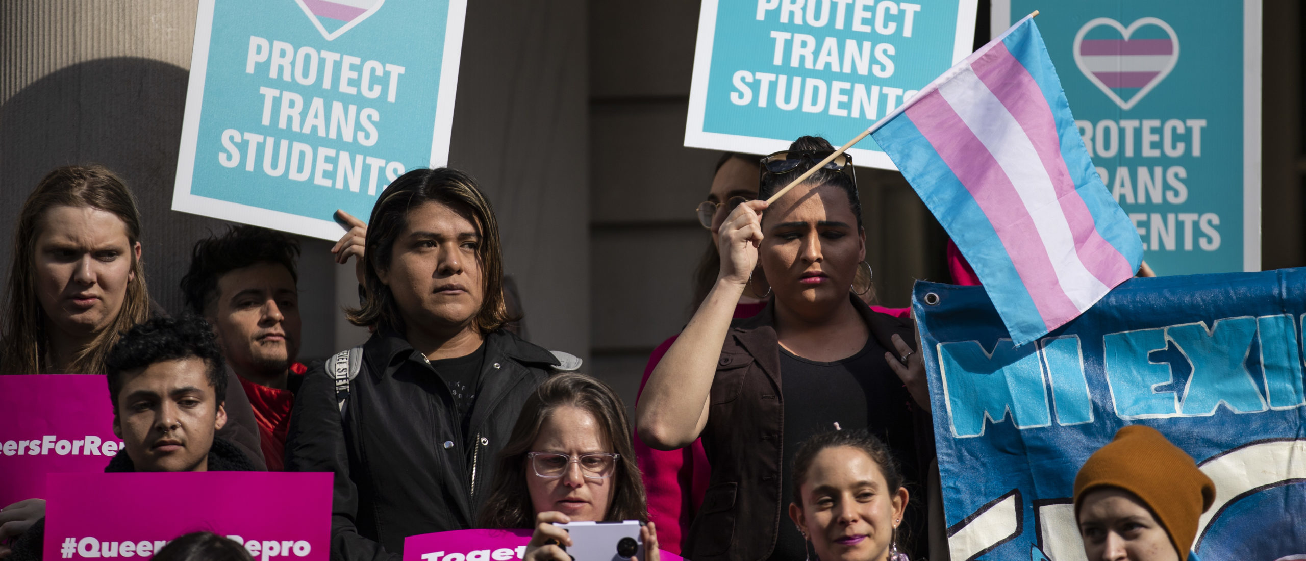 NEW YORK, NY - OCTOBER 24: L.G.B.T. activists and their supporters rally in support of transgender people on the steps of New York City Hall, October 24, 2018 in New York City. The group gathered to speak out against the Trump administration's stance toward transgender people. Last week, The New York Times reported on an unreleased administration memo that proposes a strict biological definition of gender based on a person's genitalia at birth. (Photo by Drew Angerer/Getty Images)