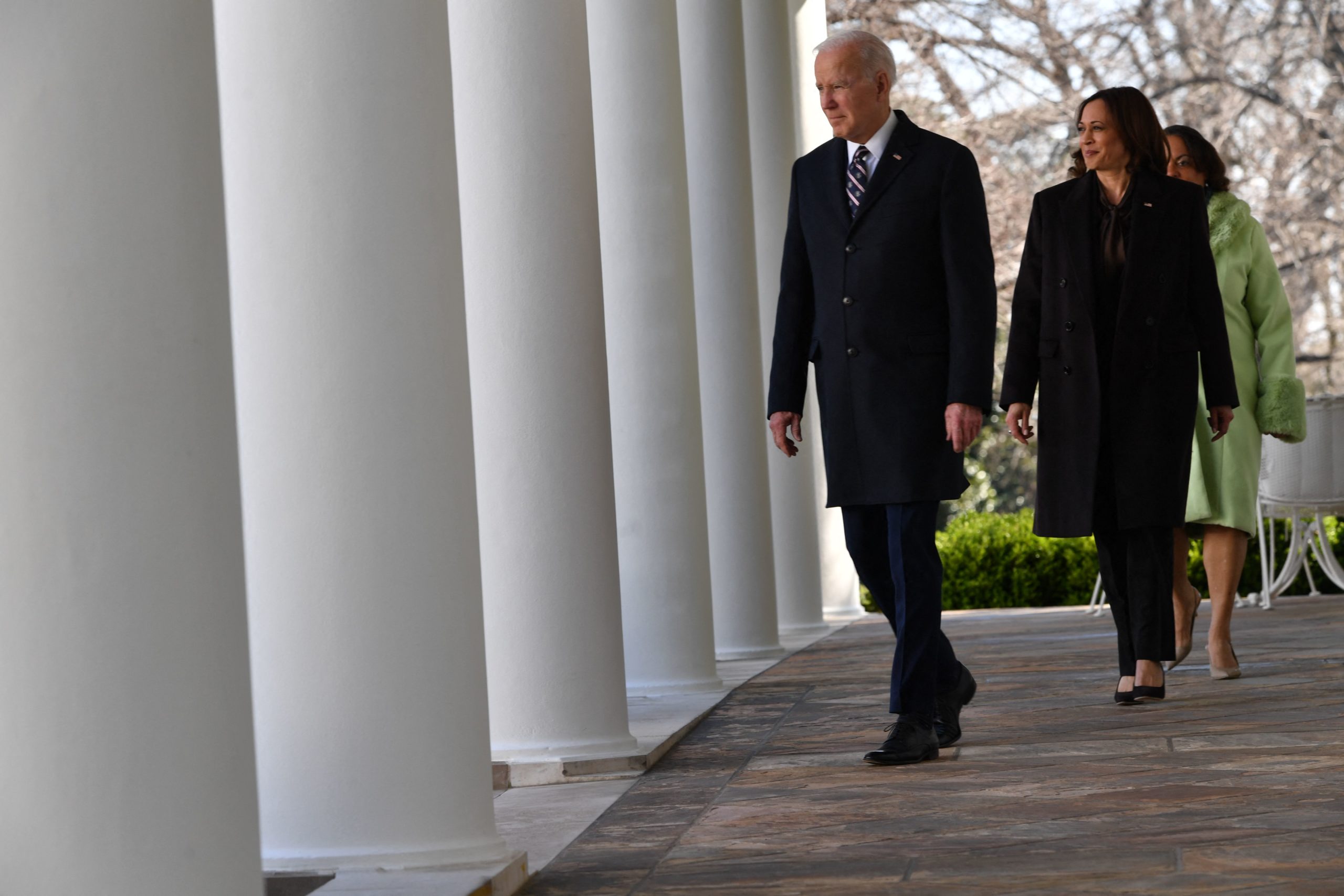 US President Joe Biden, Vice President Kamala Harris and Michelle Duster, great-granddaughter of civil rights pioneer Ida B. Wells, arrive for a signing ceremony of the Emmett Till Anti-lynching Act, making lynching a hate crime under federal law, in the Rose Garden of the White House in Washington, DC, March 29, 2022. (Photo by Nicholas Kamm / AFP) (Photo by NICHOLAS KAMM/AFP via Getty Images)