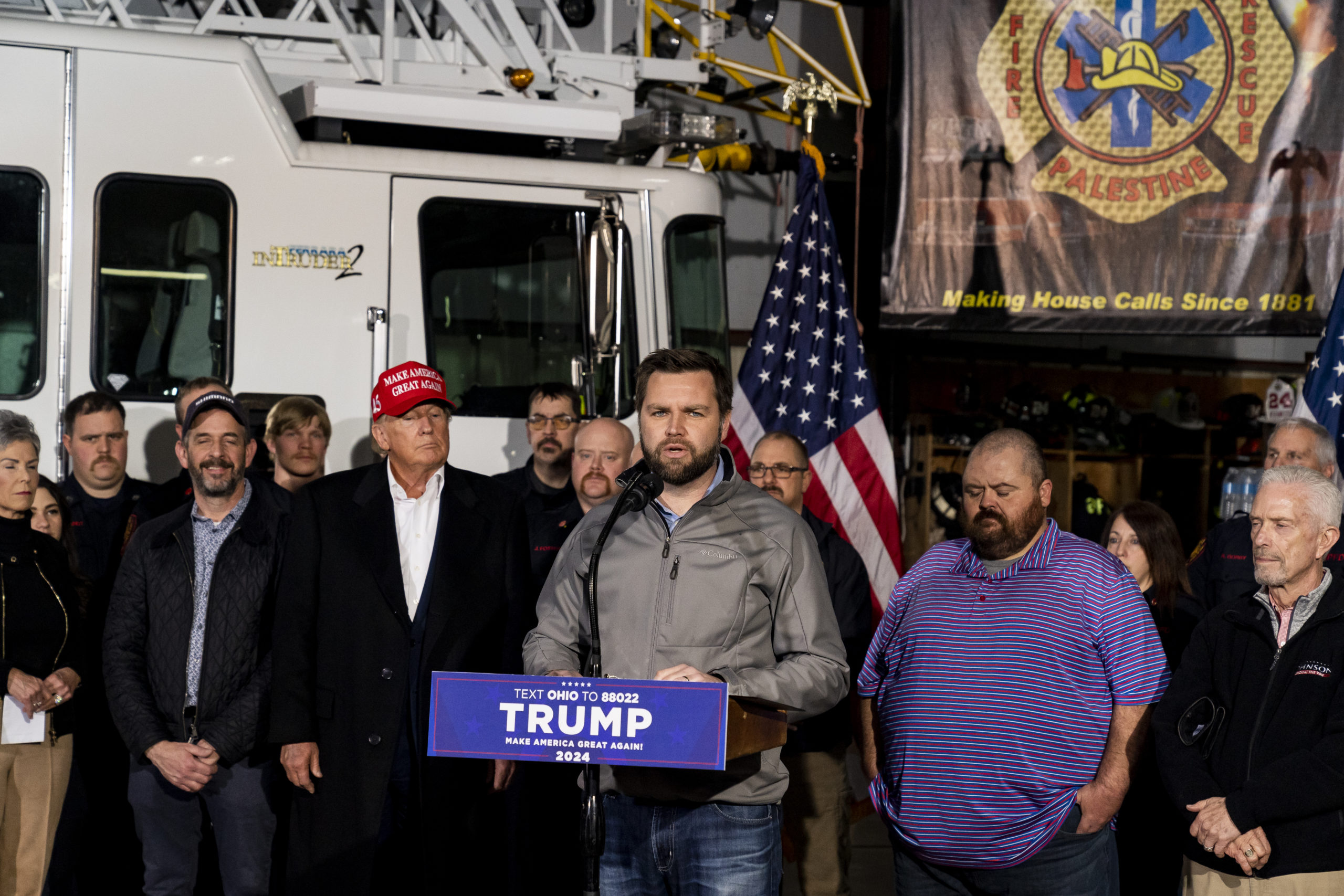 U.S. Senator J.D. Vance delivers remarks to the press along side Former President Donald Trump at the East Palestine Fire Department station on February 22, 2023 in East Palestine, Ohio. On February 3rd, a Norfolk Southern Railways train carrying toxic chemicals derailed causing an environmental disaster. Thousands of residents were ordered to evacuate after the area was placed under a state of emergency and temporary evacuation orders. (Photo by Michael Swensen/Getty Images)