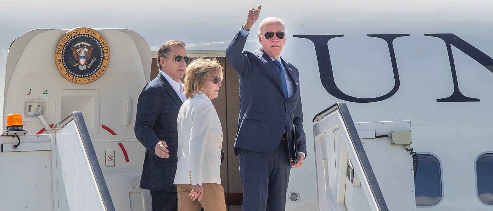 DUBLIN, IRELAND - APRIL 14: In this handout image provided by the Irish Government, US President Joe Biden departs Dublin Airport on Air Force One with his sister Valerie and son Hunter on April 14, 2023 in Dublin, Ireland. US President Joe Biden has travelled to Northern Ireland and Ireland with his sister Valerie Biden Owens and son Hunter Biden to explore his family's Irish heritage and mark the 25th Anniversary of the Good Friday Peace Agreement. (Photo by Julien Behal/Irish Government via Getty Images)