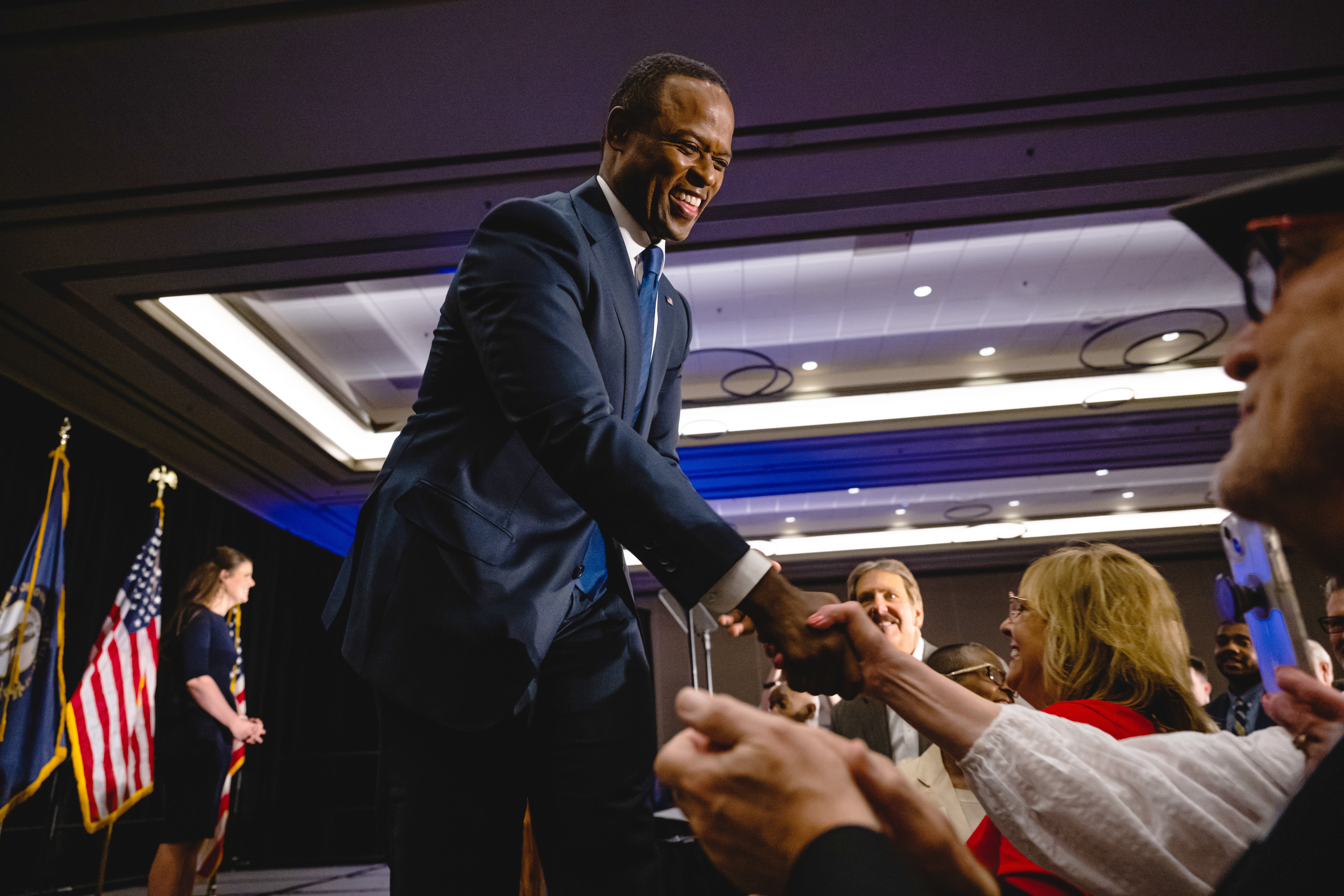 LOUISVILLE, KENTUCKY - MAY 16: Kentucky Attorney General Daniel Cameron greets supporters following his victory in the Republican primary for governor at an election night watch party at the Galt House Hotel. (Jon Cherry/Getty Images)