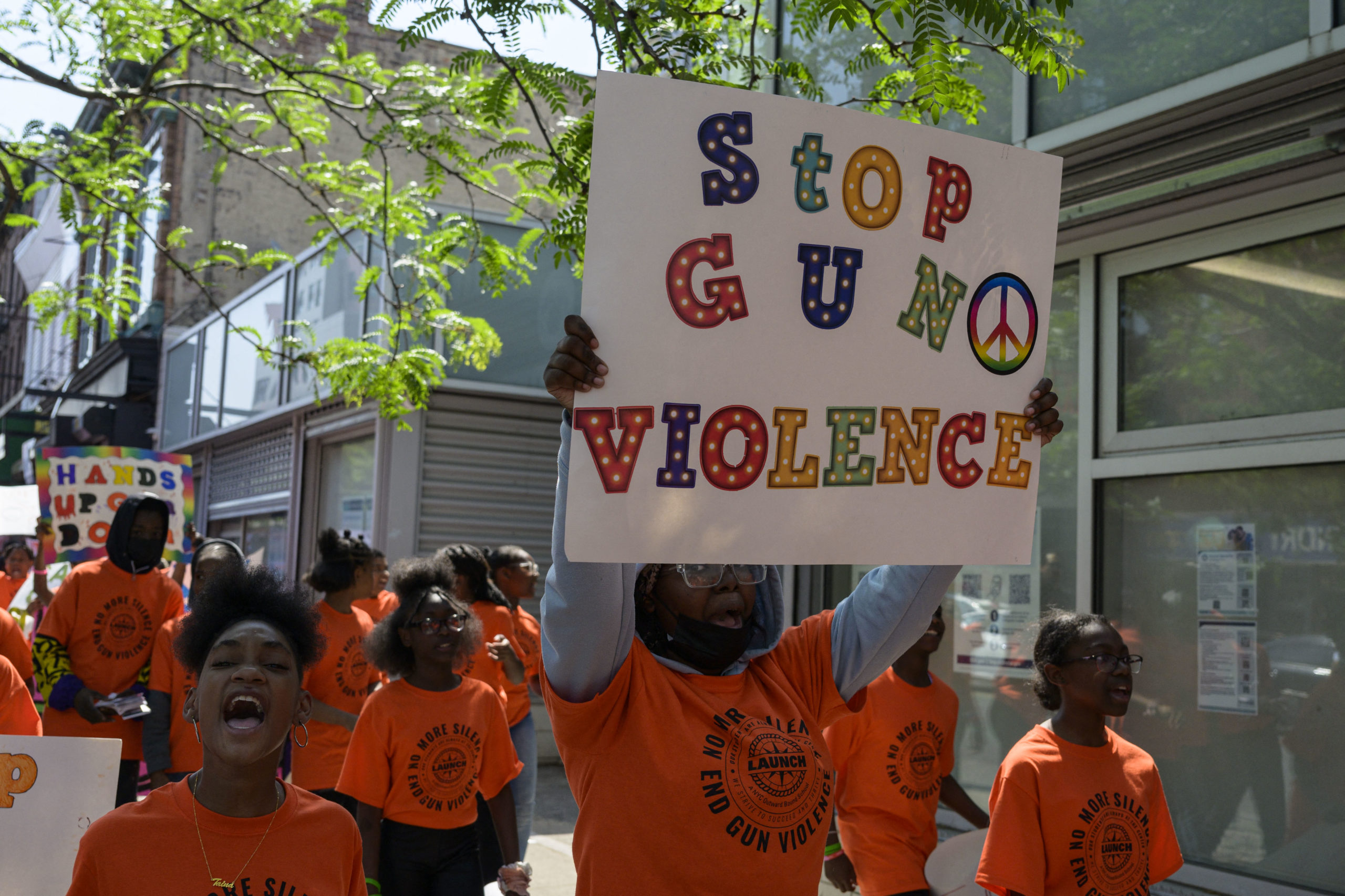 Launch Expeditionary Charter School students participate in a walkout to end gun violence and to mark National Gun Violence Awareness Day on June 2, 2023 in New York. (Photo by ANGELA WEISS / AFP) (Photo by ANGELA WEISS/AFP via Getty Images)