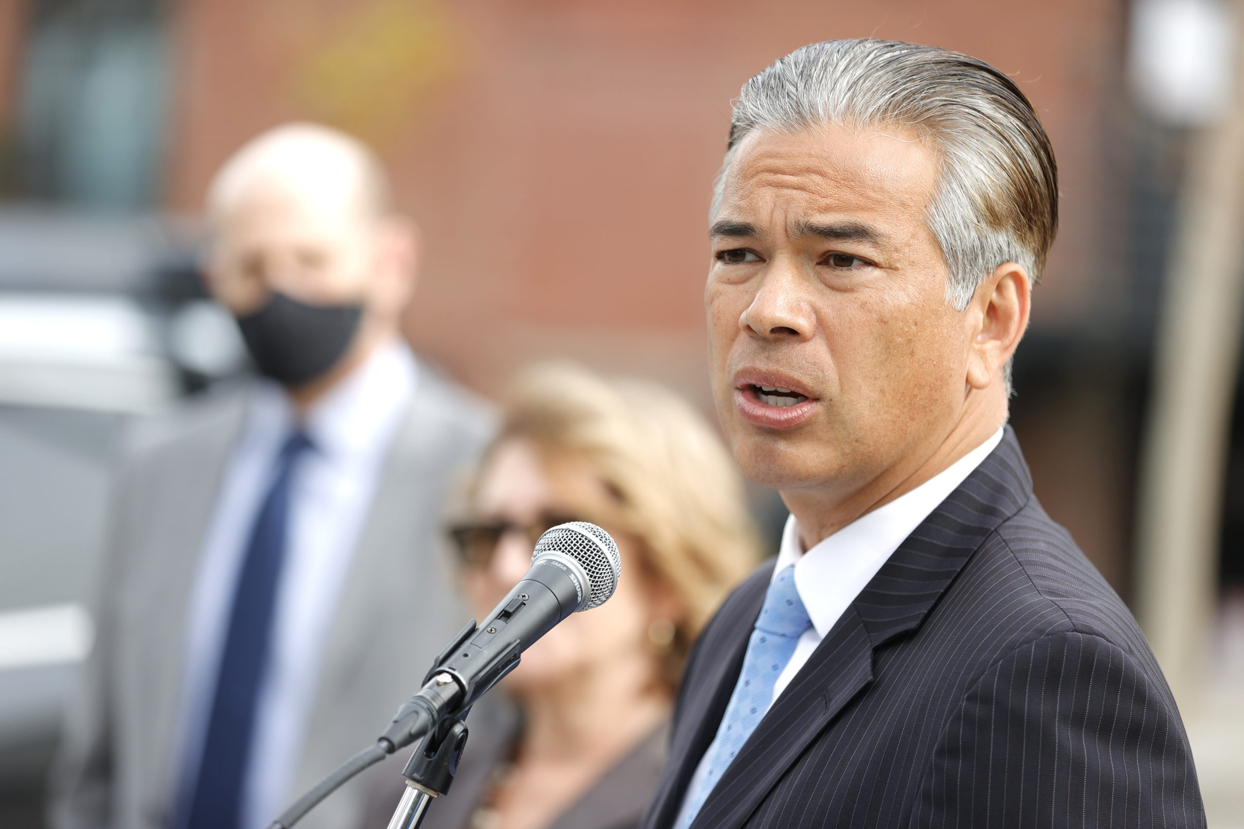 SAN FRANCISCO, CALIFORNIA - NOVEMBER 15: California Attorney General Rob Bonta speaks during a news conference outside of an Amazon distribution facility on November 15, 2021 in San Francisco, California. (Justin Sullivan/Getty Images)