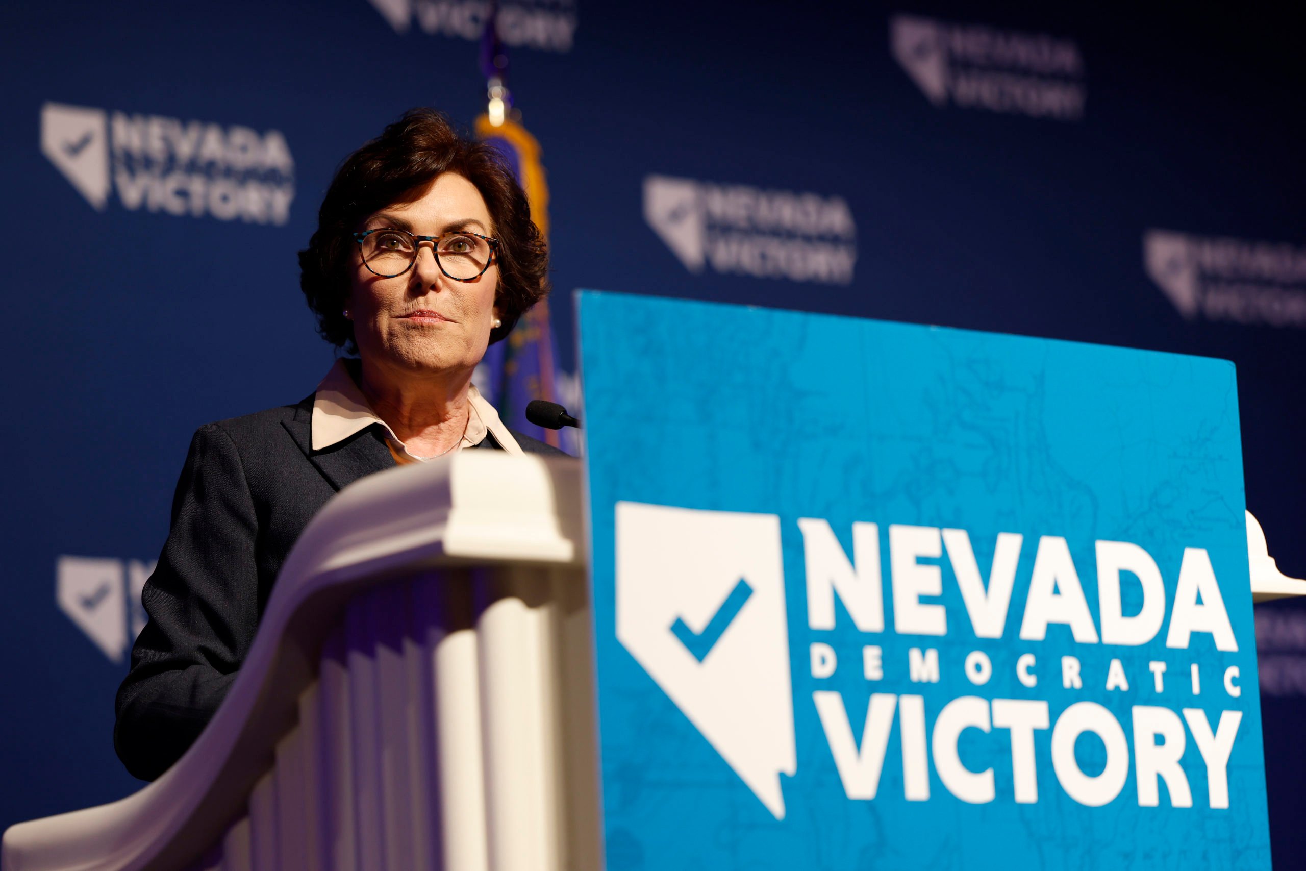 LAS VEGAS, NEVADA - NOVEMBER 08: U.S. Sen. Jacky Rosen (D-NV) gives remarks at an election night party hosted by Nevada Democratic Victory at The Encore on November 08, 2022 in Las Vegas, Nevada. Supporters and candidates gathered to await the results for several key races in the state of Nevada including the Gubernatorial and Senate race. (Photo by Anna Moneymaker/Getty Images)