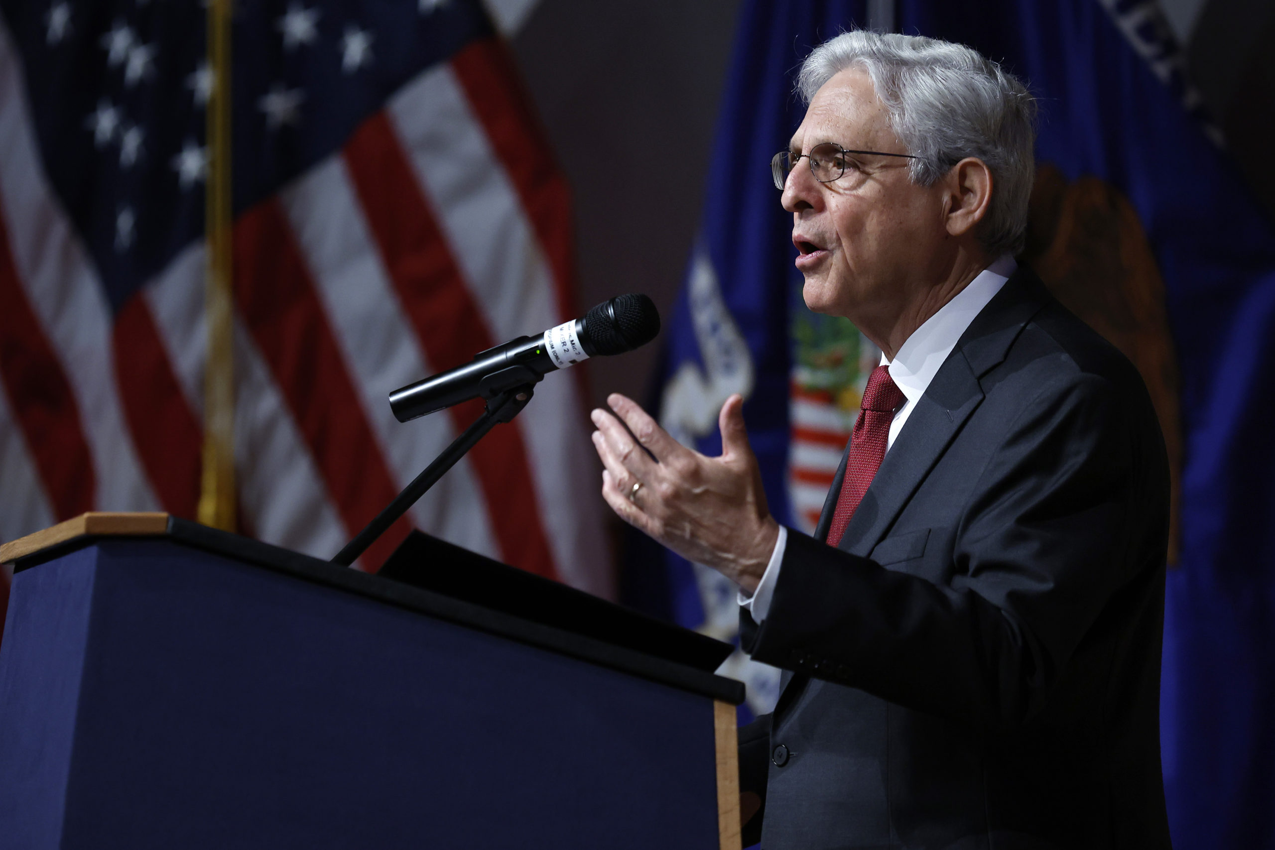 WASHINGTON, DC - JUNE 22: U.S. Attorney General Merrick Garland addresses the second annual Chiefs of Police Executive Forum on Crime Guns at the headquarters of the Bureau of Alcohol, Tobacco, Firearms and Explosives (ATF) on June 22, 2023 in Washington, DC. (Chip Somodevilla/Getty Images)