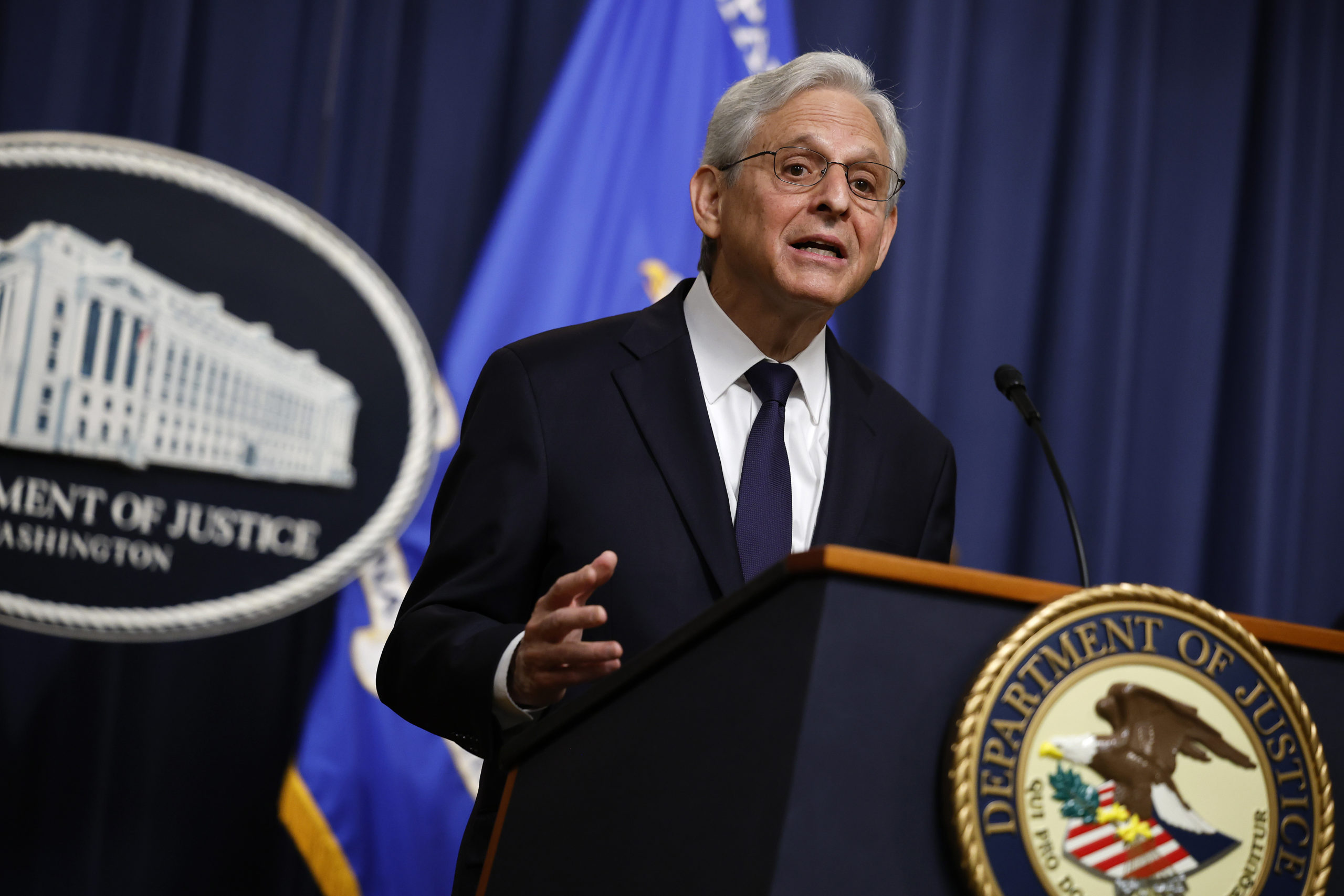 WASHINGTON, DC - JUNE 23: U.S. Attorney General Merrick Garland announces the arrest of Chinese chemical company employees as part of an investigation into the fentanyl precursor supply chain during a news conference at the Robert F. Kennedy headquarters building on June 23, 2023 in Washington, DC. (Photo by Chip Somodevilla/Getty Images)