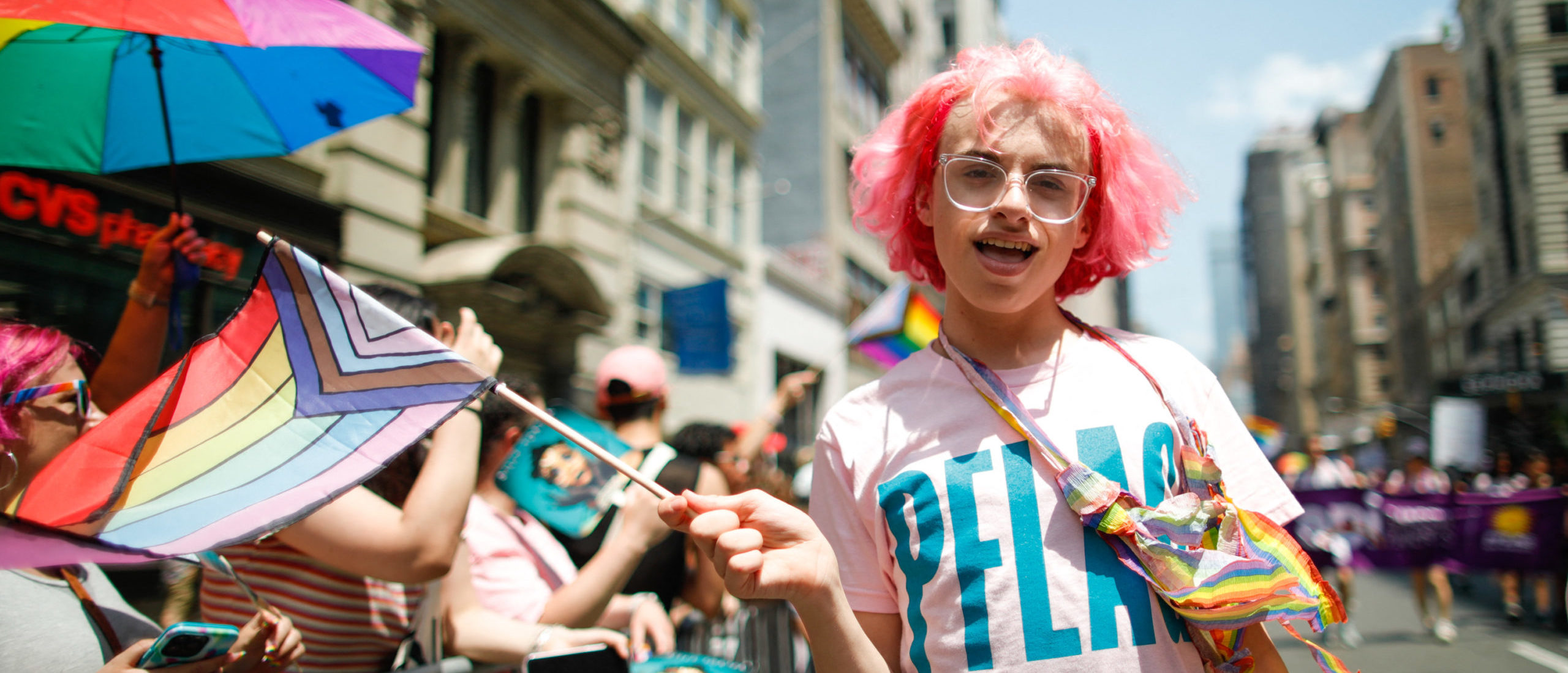 LBGTQ activist Desmond Napoles, 16, marches during the annual New York Pride march in New York City on June 25, 2023. (Photo by KENA BETANCUR/AFP via Getty Images)
