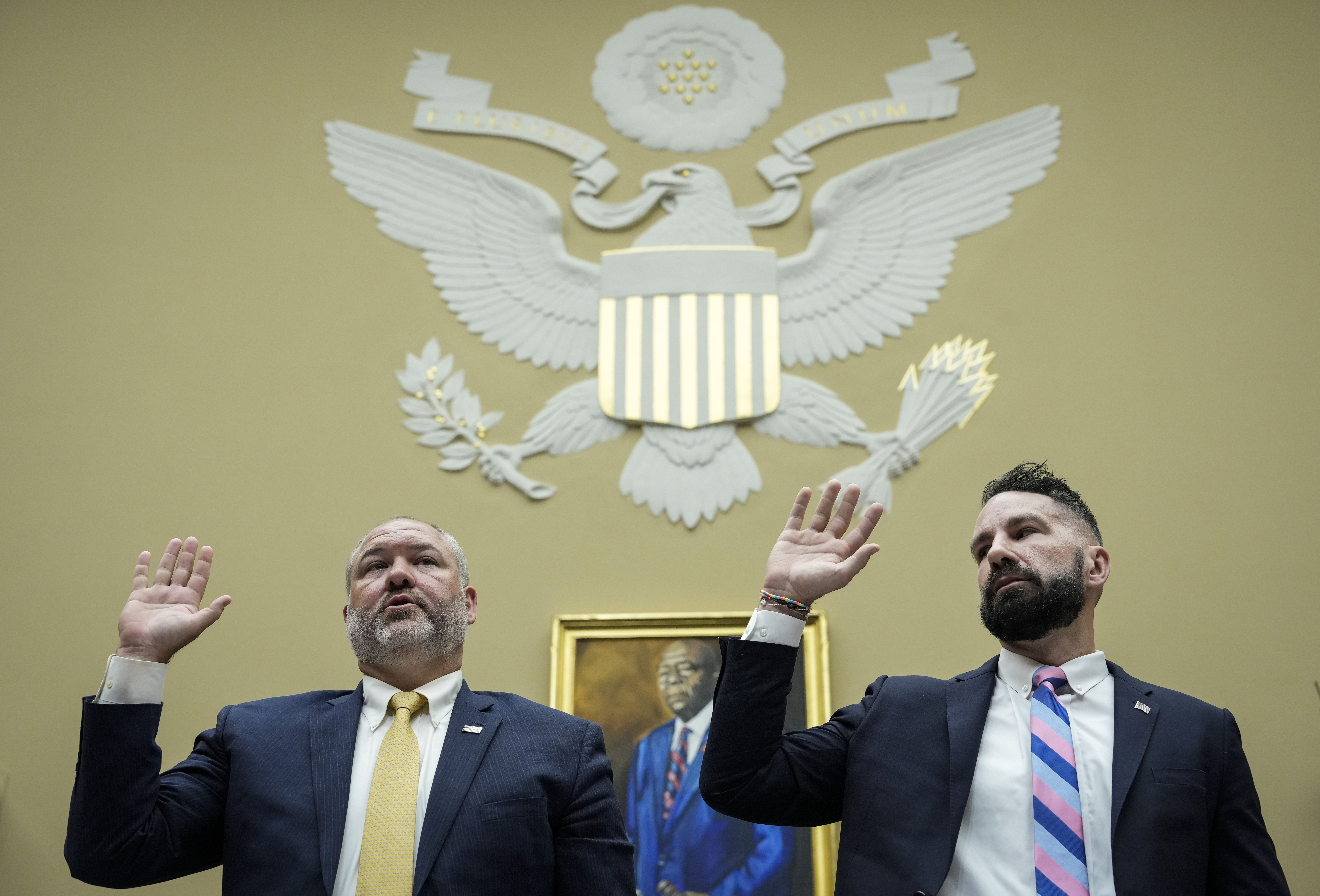 WASHINGTON, DC - JULY 19: (L-R) Supervisory IRS Special Agent Gary Shapley and IRS Criminal Investigator Joseph Ziegler are sworn-in during a House Oversight Committee hearing related to the Justice Department's investigation of Hunter Biden, on Capitol Hill July 19, 2023 in Washington, DC. (Photo by Drew Angerer/Getty Images)