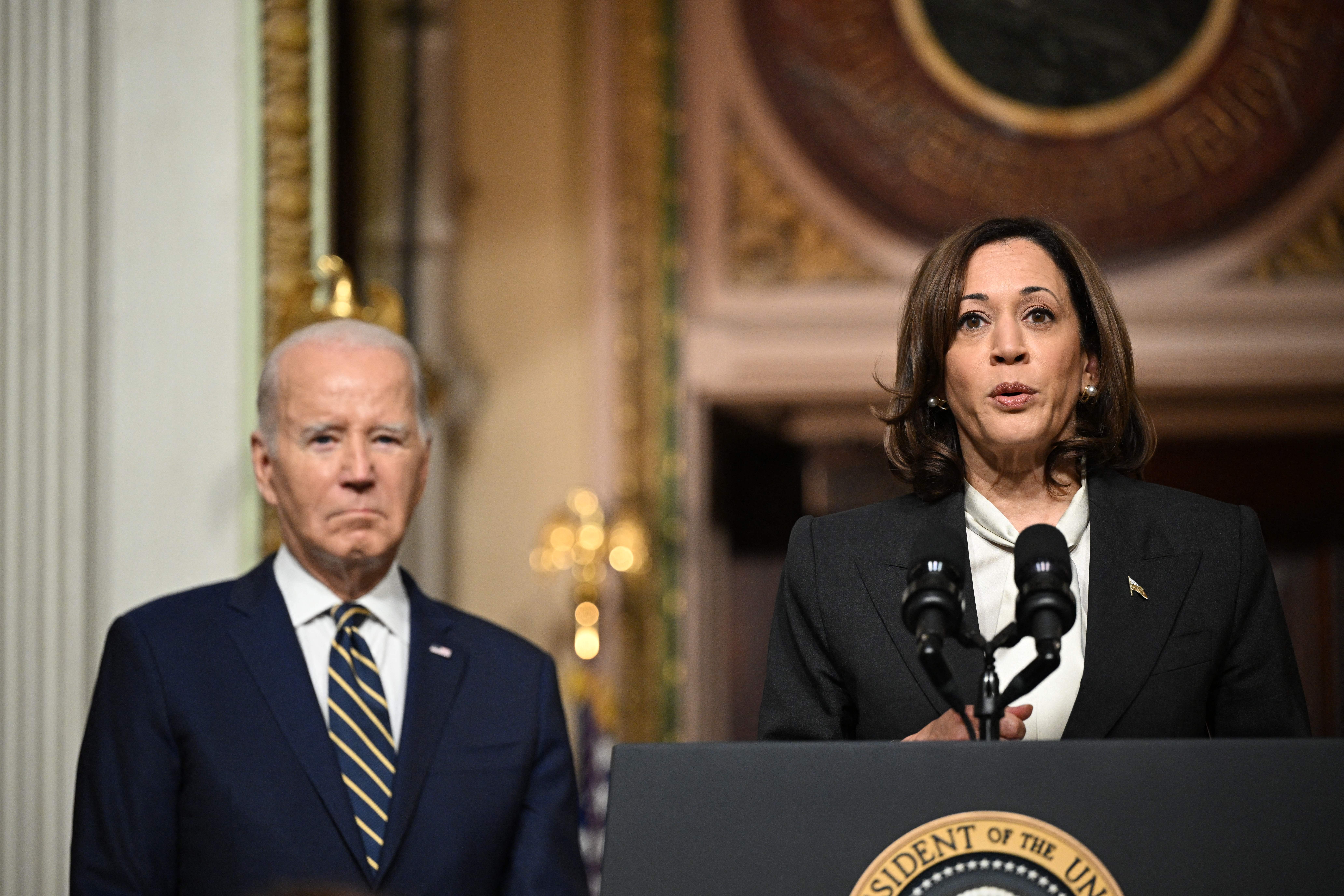 US Vice President Kamala Harris, with US President Joe Biden (L), speaks at a signing ceremony in the Indian Treaty Room of the Eisenhower Executive Office Building, next to the White House in Washington, DC on July 25, 2023. President Biden is signing a proclamation establishing the Emmett Till and Mamie Till-Mobley National Monument in Illinois and Mississippi. (Photo by Mandel NGAN / AFP) (Photo by MANDEL NGAN/AFP via Getty Images)