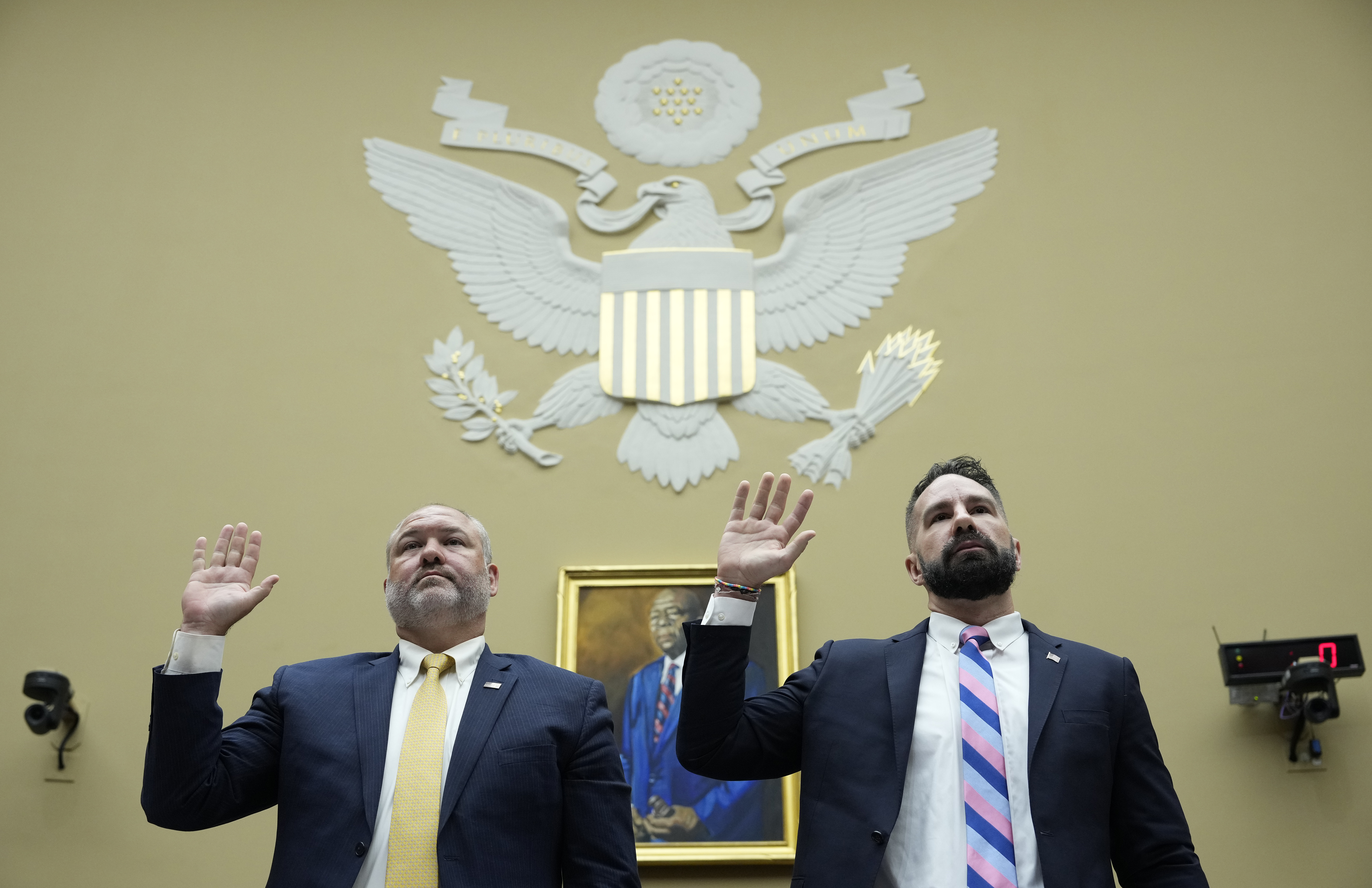 WASHINGTON, DC - JULY 19: Supervisory IRS Special Agent Gary Shapley (L) and IRS Criminal Investigator Joseph Ziegler are sworn-in as they testify during a House Oversight Committee hearing related to the Justice Department's investigation of Hunter Biden, on Capitol Hill July 19, 2023 in Washington, DC. (Drew Angerer/Getty Images)