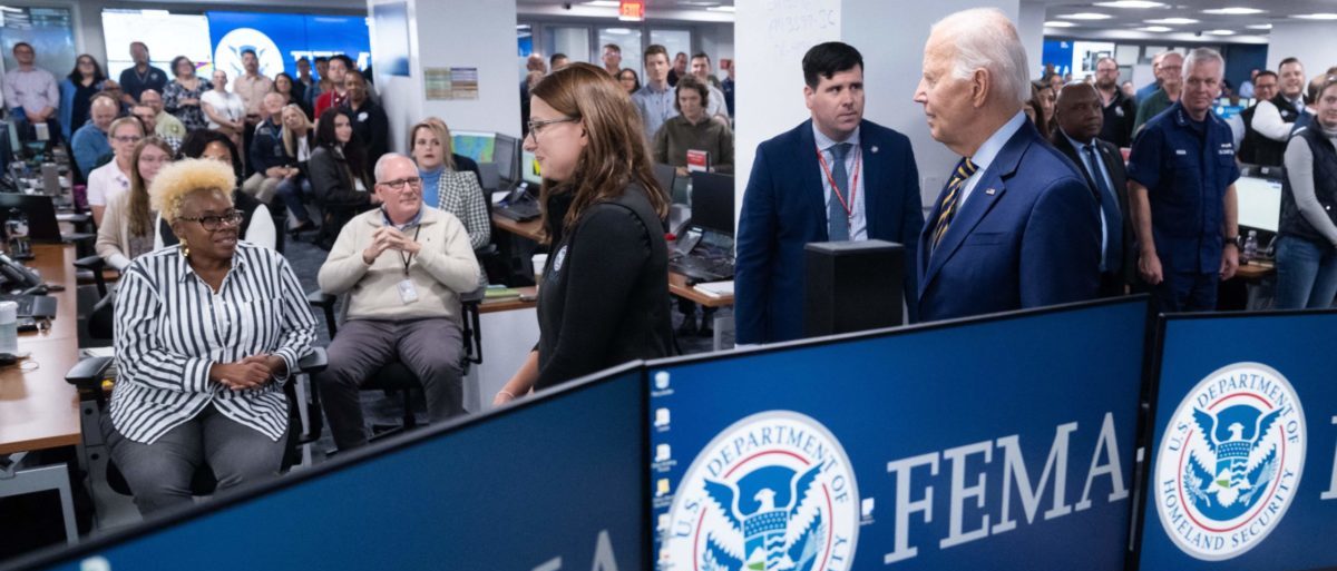 US President Joe Biden visits the headquarters of the Federal Emergency Management Agency (FEMA) in Washington, DC, on August 31, 2023, to thank the team staffing the FEMA National Response Coordination Center (NRCC) throughout Hurricane Idalia and the fires in Maui, Hawaii. (Photo by SAUL LOEB / AFP) (Photo by SAUL LOEB/AFP via Getty Images)