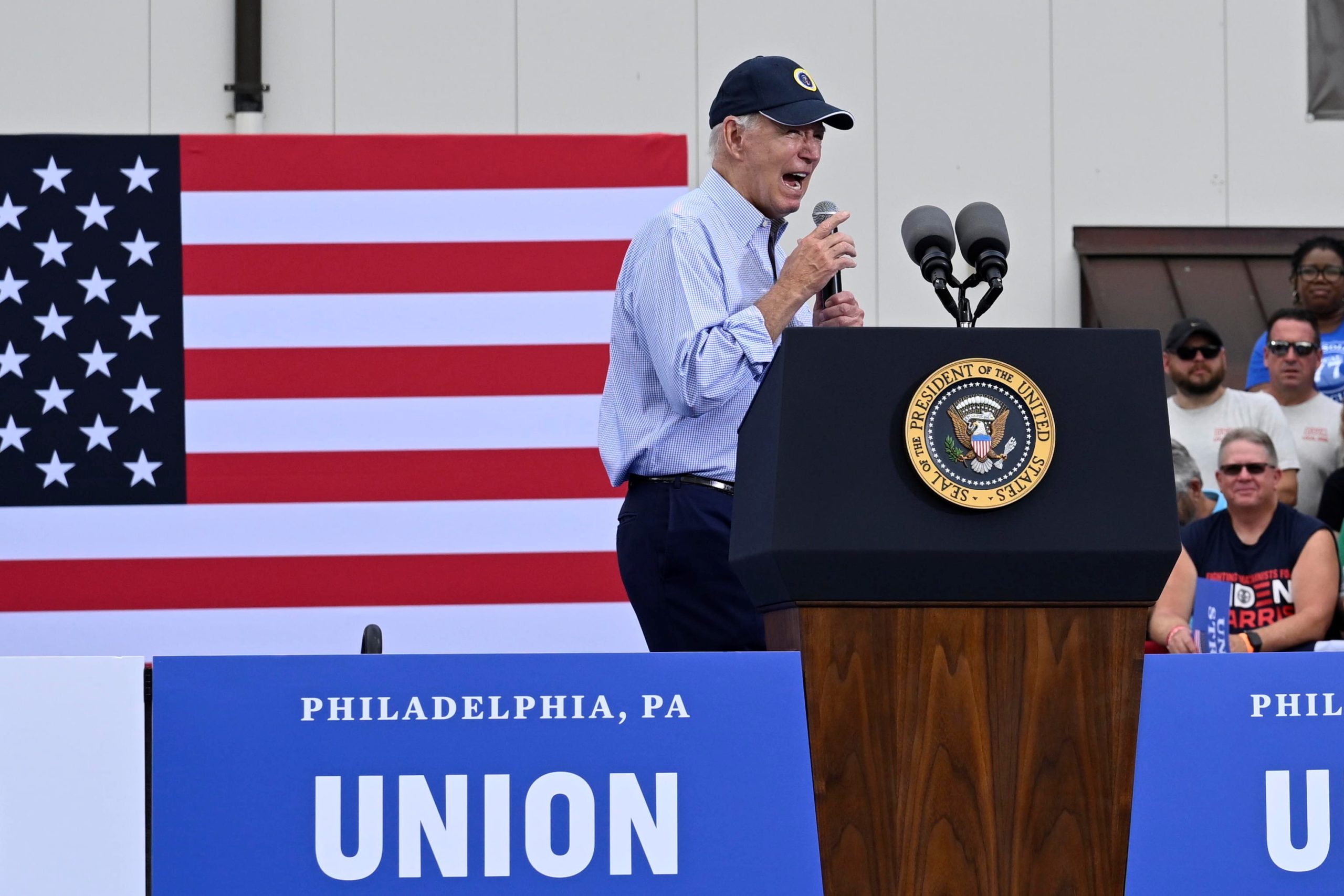 U.S. President Joe Biden addresses union workers at Sheet Metal Workers Local 19 on September 4, 2023 in Philadelphia, Pennsylvania. During his speech, President Biden talked about his record on job creation and support for labor unions. (Photo by Mark Makela/Getty Images)