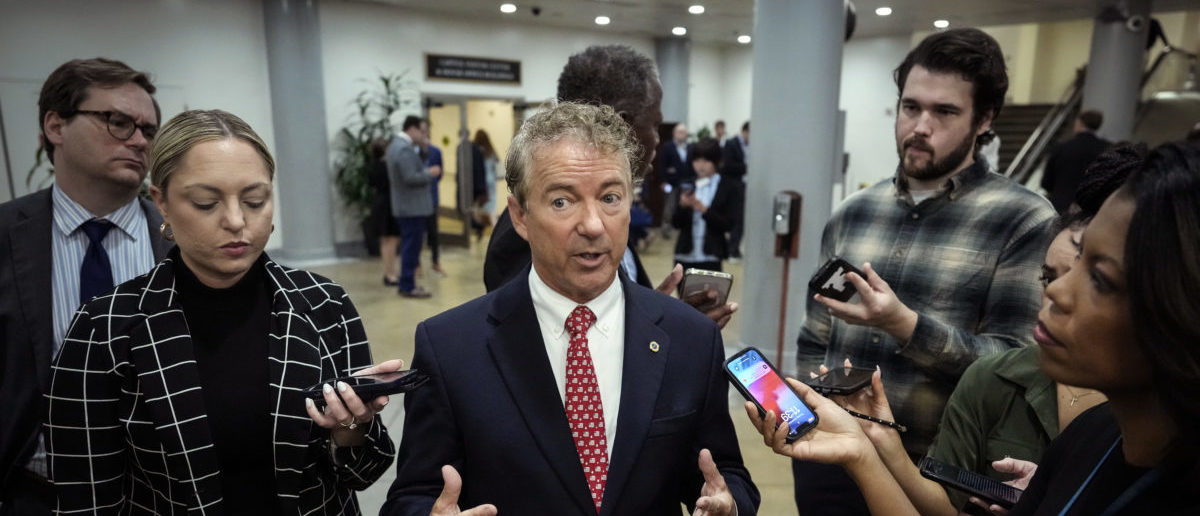 WASHINGTON, DC - SEPTEMBER 7: Sen. Rand Paul (R-KY) speaks to reporters in the Senate subway on his way to a vote at the U.S. Capitol September 7, 2023 in Washington, DC. The U.S. Senate is considering several nomination votes today. (Photo by Drew Angerer/Getty Images)