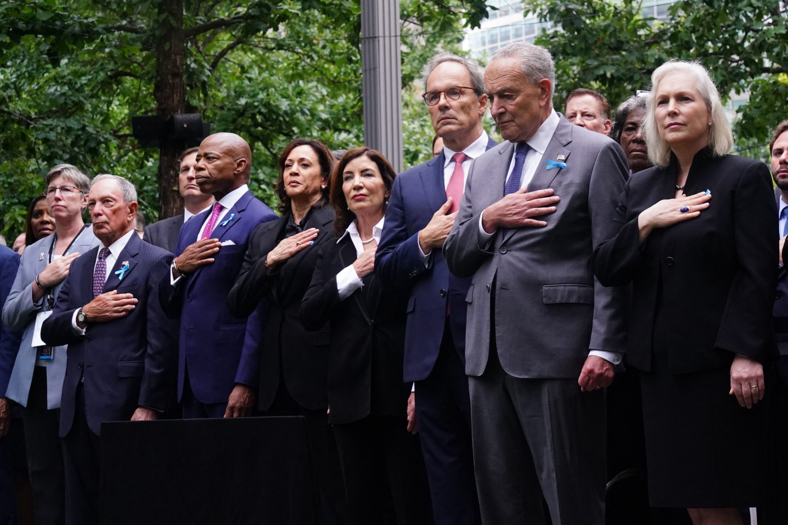 (L-R) Former New York City Mayor Michael Bloomberg, New York City Mayor Eric Adams, US Vice President Kamala Harris, New York Governor Kathy Hochul, Senate Majority Leader Chuck Schumer (D-NY), and US Senator Kirsten Gillibrand (D-NY) attend a remembrance ceremony on the 22nd anniversary of the terror attack on the World Trade Center, in New York City on September 11, 2023. (Photo by Bryan R. Smith / AFP) (Photo by BRYAN R. SMITH/AFP via Getty Images)