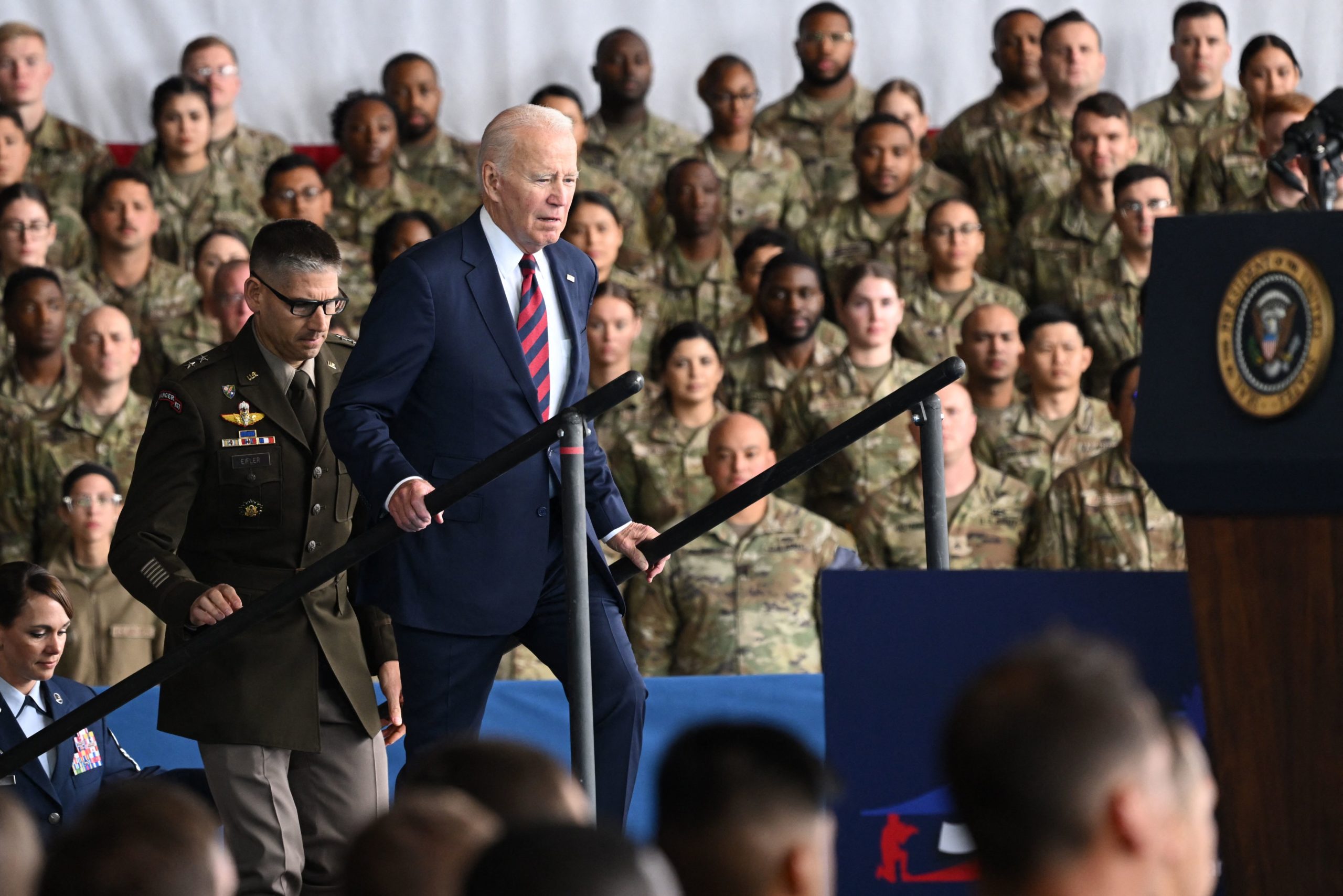 US President Joe Biden arrives to deliver remarks to service members, first responders, and their families on the 22nd anniversary of the September 11, 2001, terrorist attacks, at Joint Base Elmendorf-Richardson in Anchorage, Alaska, on September 11, 2023. (Photo by SAUL LOEB / AFP) (Photo by SAUL LOEB/AFP via Getty Images)