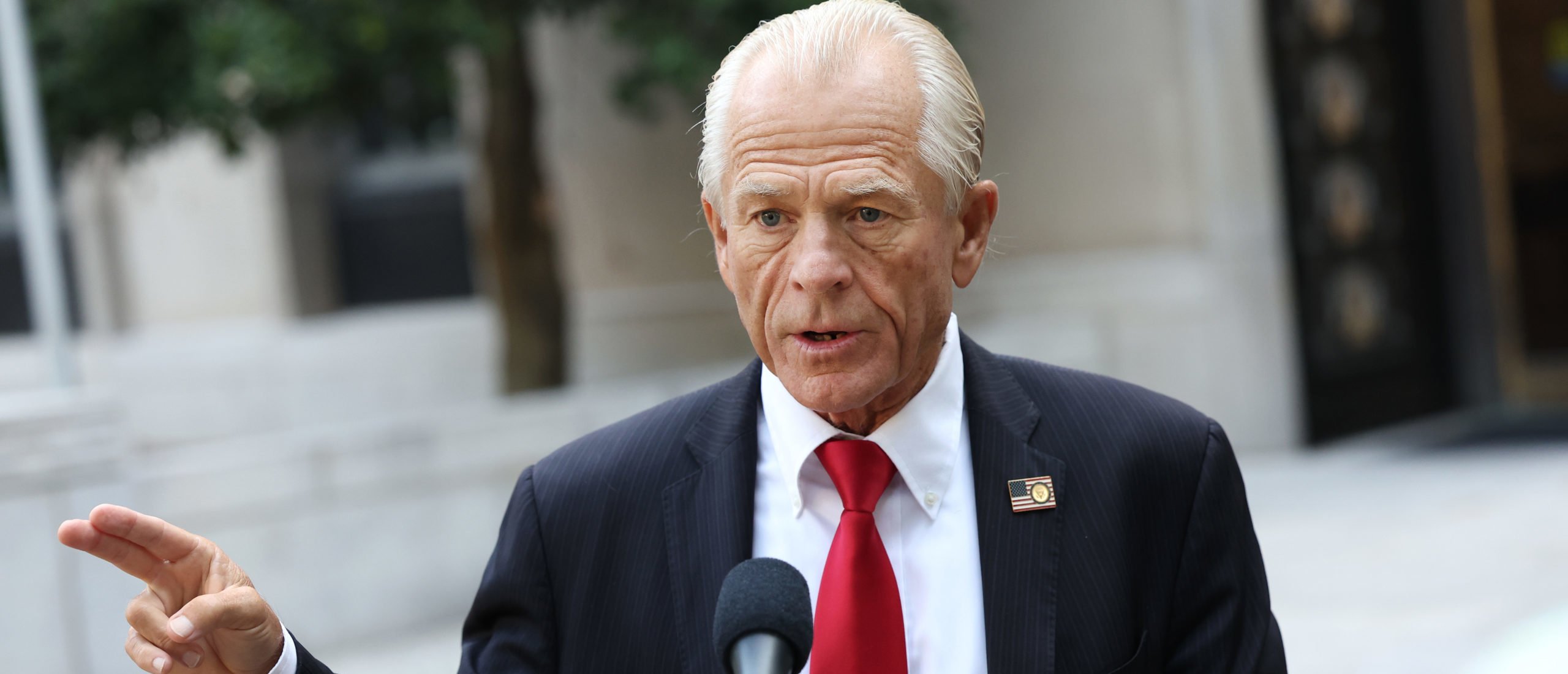 Peter Navarro, an advisor to former U.S. President Donald Trump, speaks to reporters as he arrives at the E. Barrett Prettyman Courthouse on September 07, 2023 in Washington, DC. The jury is expected to begin deliberating today in Navarro's contempt of Congress case for failing to comply with a congressional subpoena from the House January 6 Committee. (Photo by Kevin Dietsch/Getty Images)