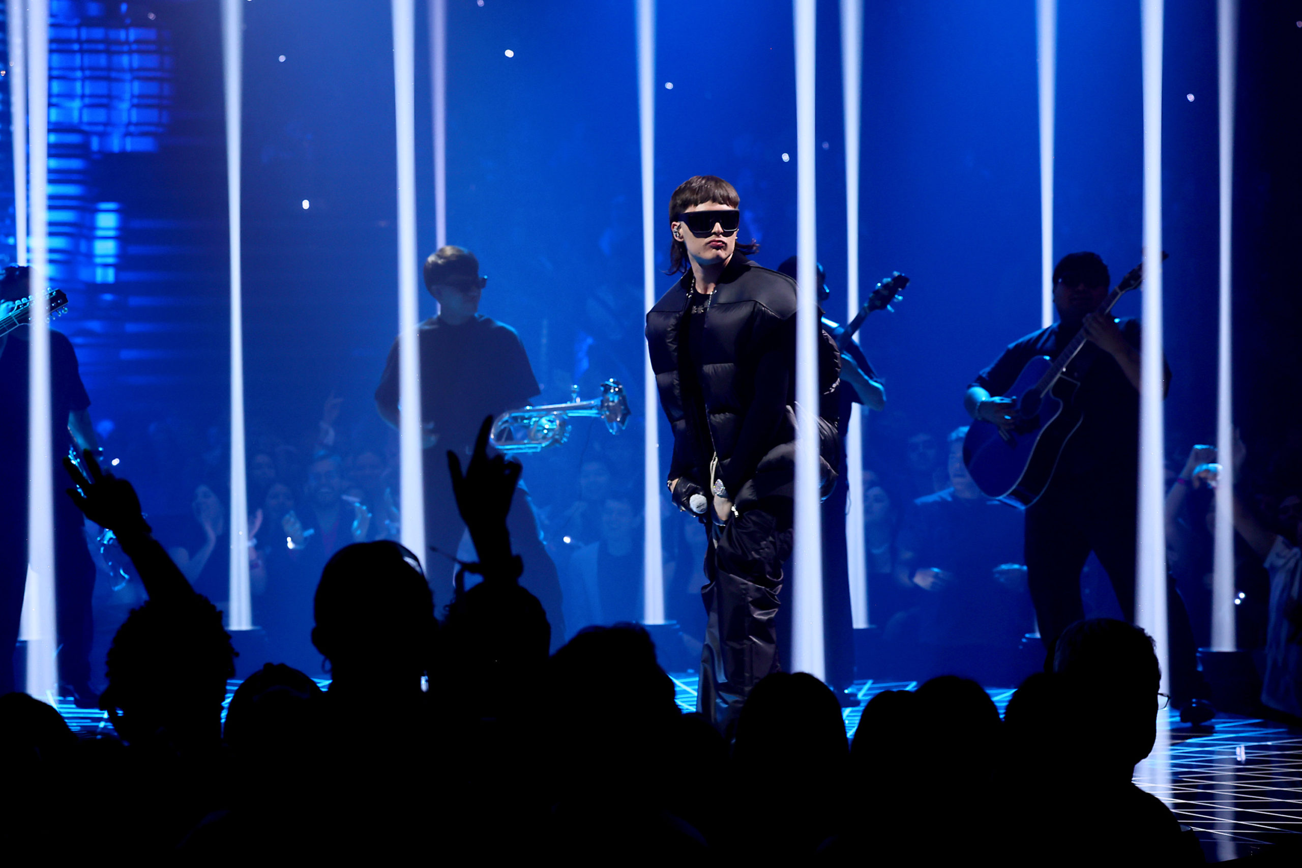 NEWARK, NEW JERSEY - SEPTEMBER 12: Peso Pluma performs onstage during the 2023 MTV Video Music Awards at Prudential Center on September 12, 2023 in Newark, New Jersey. (Photo by Theo Wargo/Getty Images for MTV)