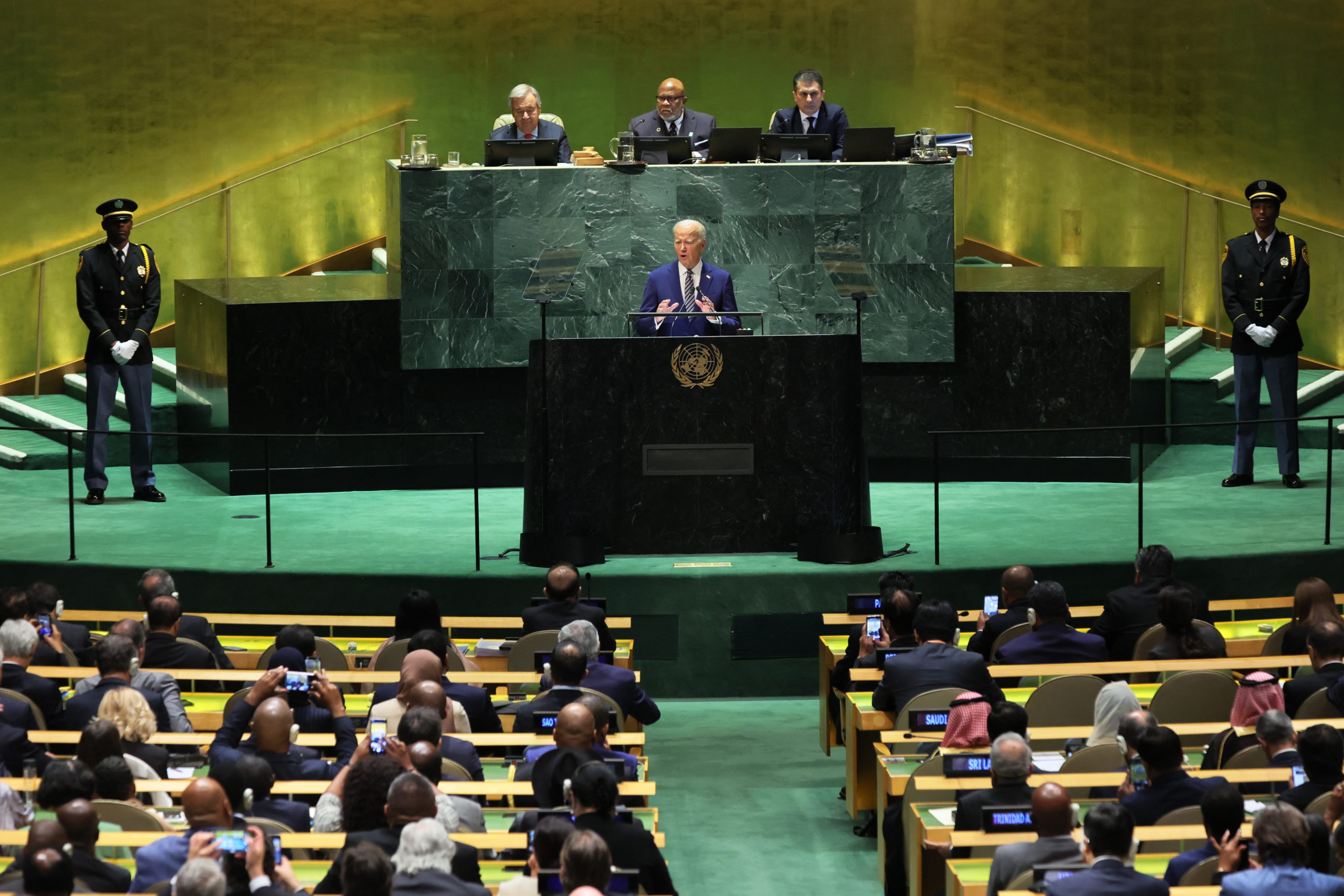 U.S. President Joe Biden speaks during the United Nations General Assembly (UNGA) at the United Nations headquarters on September 19, 2023 in New York City. Heads of states and governments from at least 145 countries are gathered for the 78th UNGA session amid the ongoing war in Ukraine and natural disasters such as earthquakes, floods and fires around the globe. (Photo by Michael M. Santiago/Getty Images)