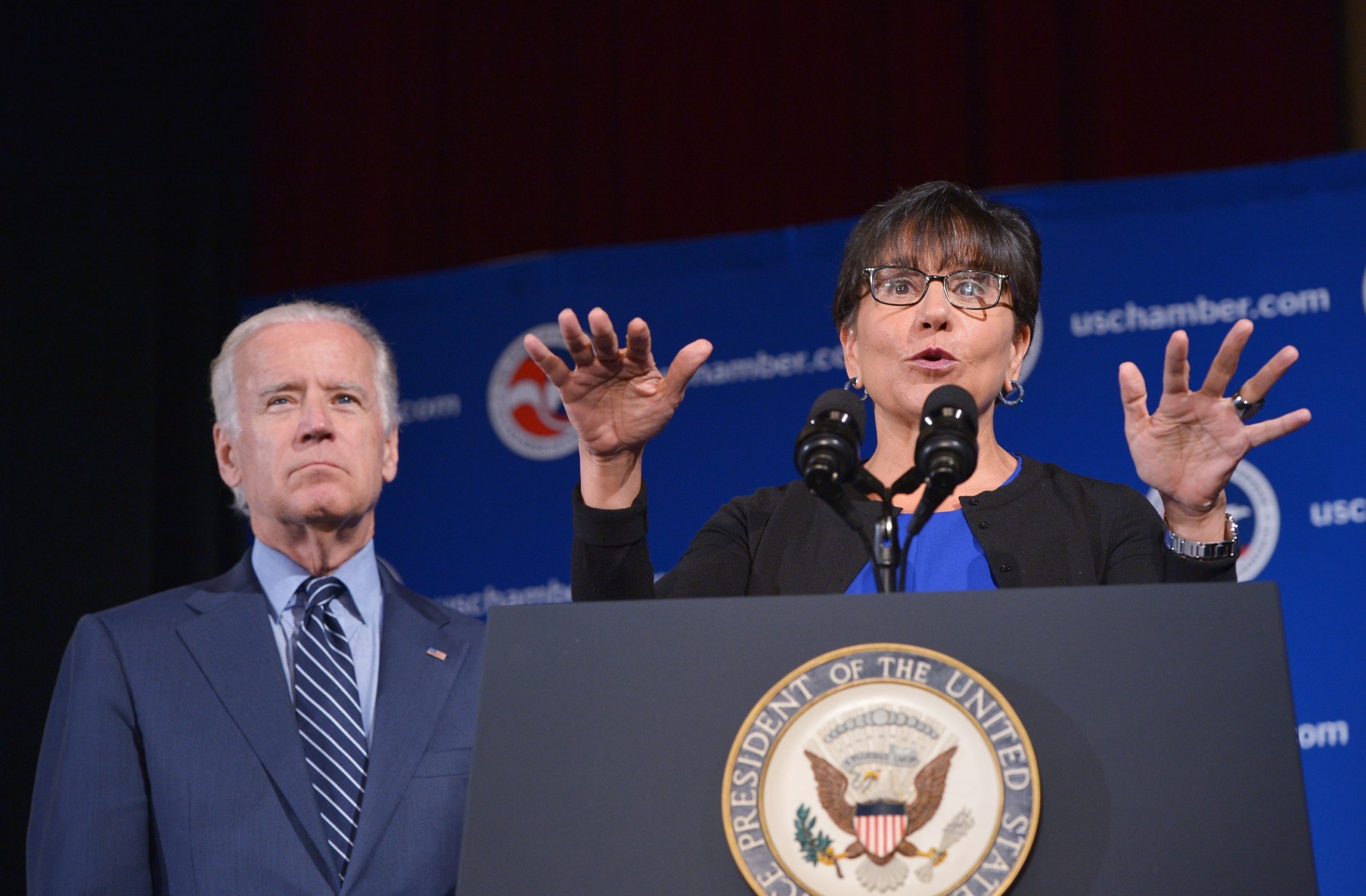 US Commerce Secretary Penny Pritzker (R) introduces US Vice President Joe Biden before he addressed the US-Ukraine Business forum at the US Chamber of Commerce on July 13, 2015 in Washington, DC. AFP PHOTO/MANDEL NGAN (Photo credit should read MANDEL NGAN/AFP via Getty Images)