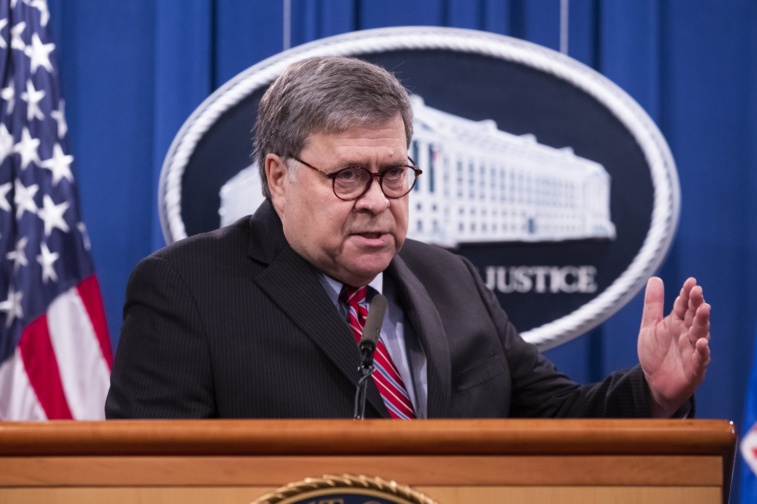 WASHINGTON, DC - DECEMBER 21: US Attorney General Bill Barr holds a news conference to provide an update on the investigation of the terrorist bombing of Pan Am flight 103 on the 32nd anniversary of the attack, at the Department of Justice December 21, 2020 in Washington, DC. Barr announced criminal charges against one of the alleged Libyan bombmakers. The bombing occurred on December 21, 1988, killing all 259 people on board and eleven on the ground in Lockerbie, Scotland. (Photo by Michael Reynolds-Pool/Getty Images)