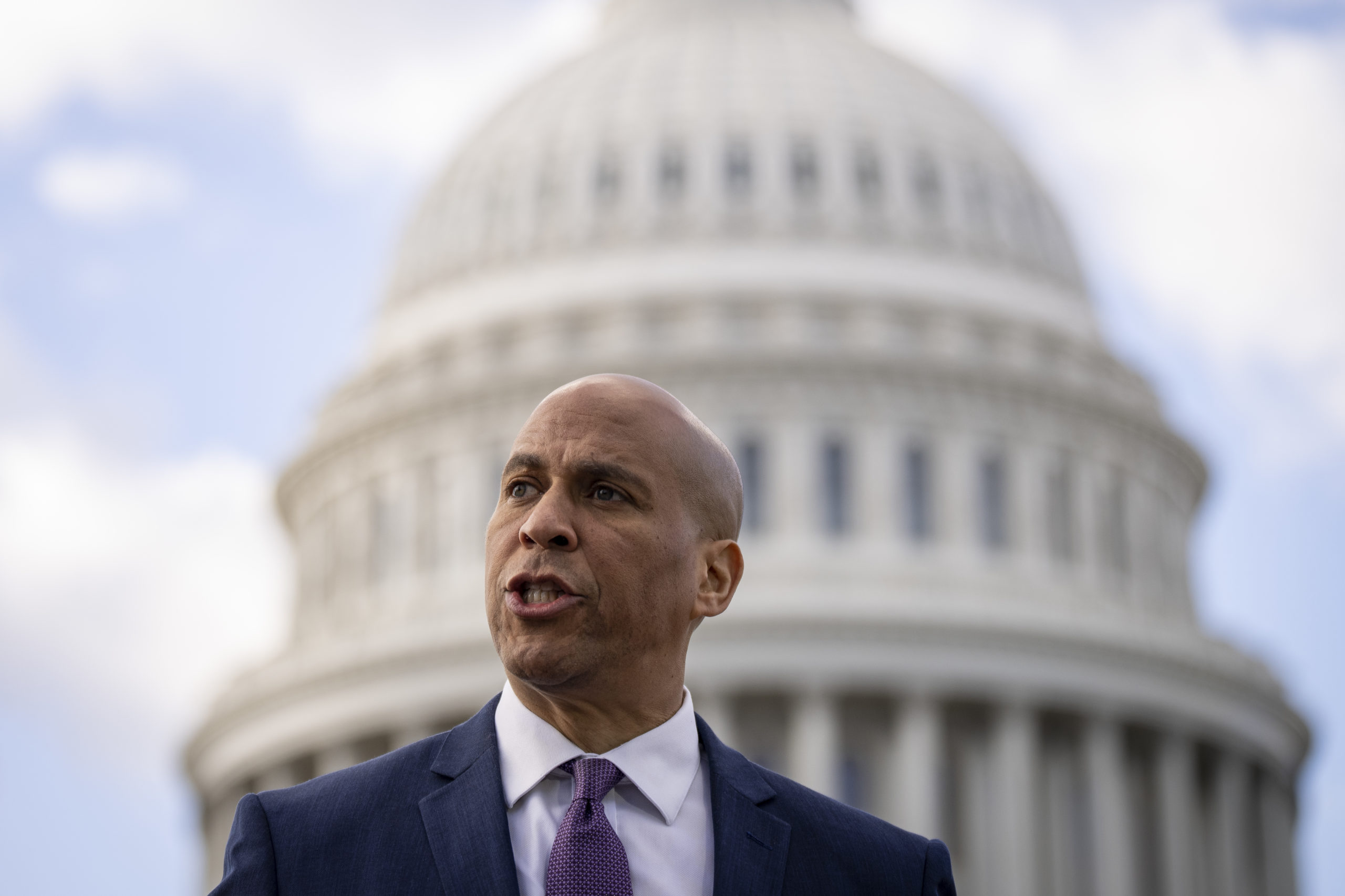 WASHINGTON, DC - JANUARY 26: Sen. Cory Booker (D-NJ) speaks during a news conference with Democratic lawmakers about the Biden administrations border politics, outside the U.S. Capitol on January 26, 2023 in Washington, DC. A group of 77 Democratic lawmakers sent a letter to President Joe Biden this week criticizing his administrations policies restricting asylum access for migrants crossing the southern border. (Photo by Drew Angerer/Getty Images)