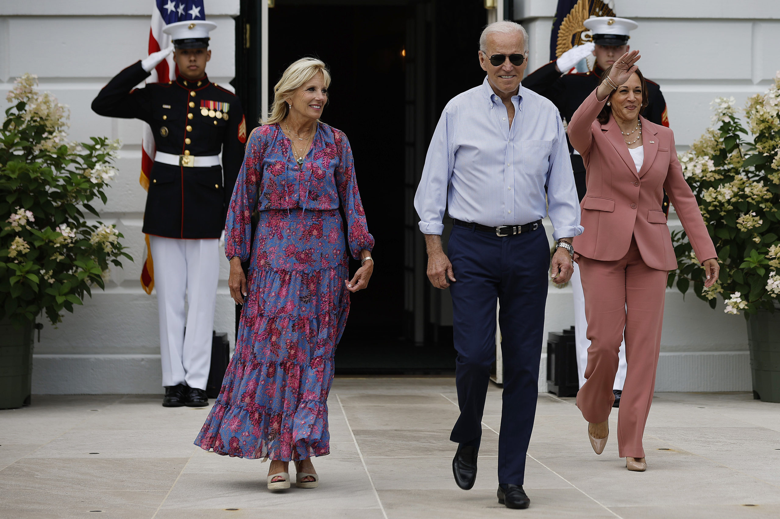 U.S. first lady Jill Biden, President Joe Biden and Vice President Kamala Harris arrive at the Congressional Picnic on the South Lawn of the White House on July 12, 2022 in Washington, DC. An annual opportunity for members of Congress and their families to visit administration officials and others for non-partisan fellowship and entertainment, the picnic was cancelled in 2020 and 2021 due to the ongoing coronavirus pandemic. (Photo by Chip Somodevilla/Getty Images)