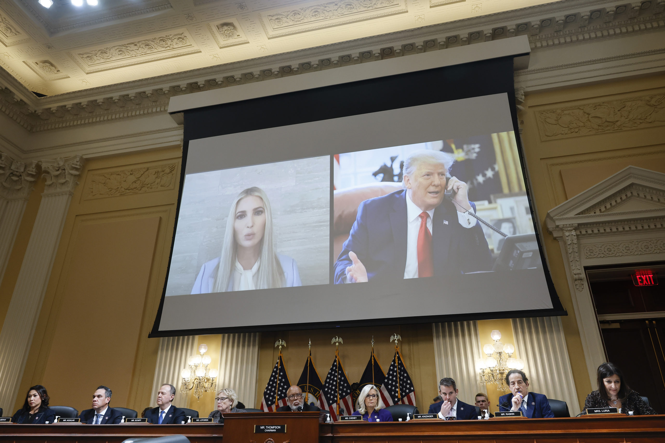 Images of former President Donald Trump and his daughter Ivanka Trump are seen as the House Select Committee to Investigate the January 6 Attack on the U.S. Capitol holds its last public meeting in the Canon House Office Building on Capitol Hill on December 19, 2022 in Washington, DC. The committee is expected to approve its final report and vote on referring charges to the Justice Department. (Photo by Chip Somodevilla/Getty Images)