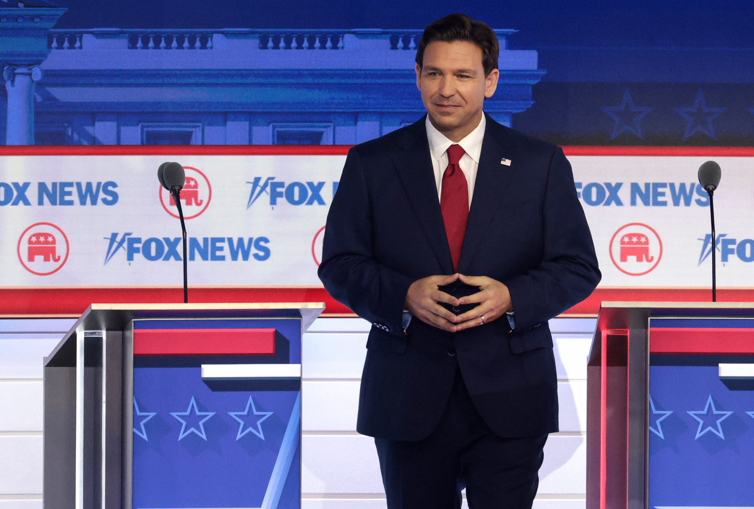 MILWAUKEE, WISCONSIN - AUGUST 23: Republican presidential candidate, Florida Gov. Ron DeSantis participates in the first debate of the GOP primary season hosted by FOX News at the Fiserv Forum on August 23, 2023 in Milwaukee, Wisconsin. Eight presidential hopefuls squared off in the first Republican debate as former U.S. President Donald Trump, currently facing indictments in four locations, declined to participate in the event. (Photo by Win McNamee/Getty Images)