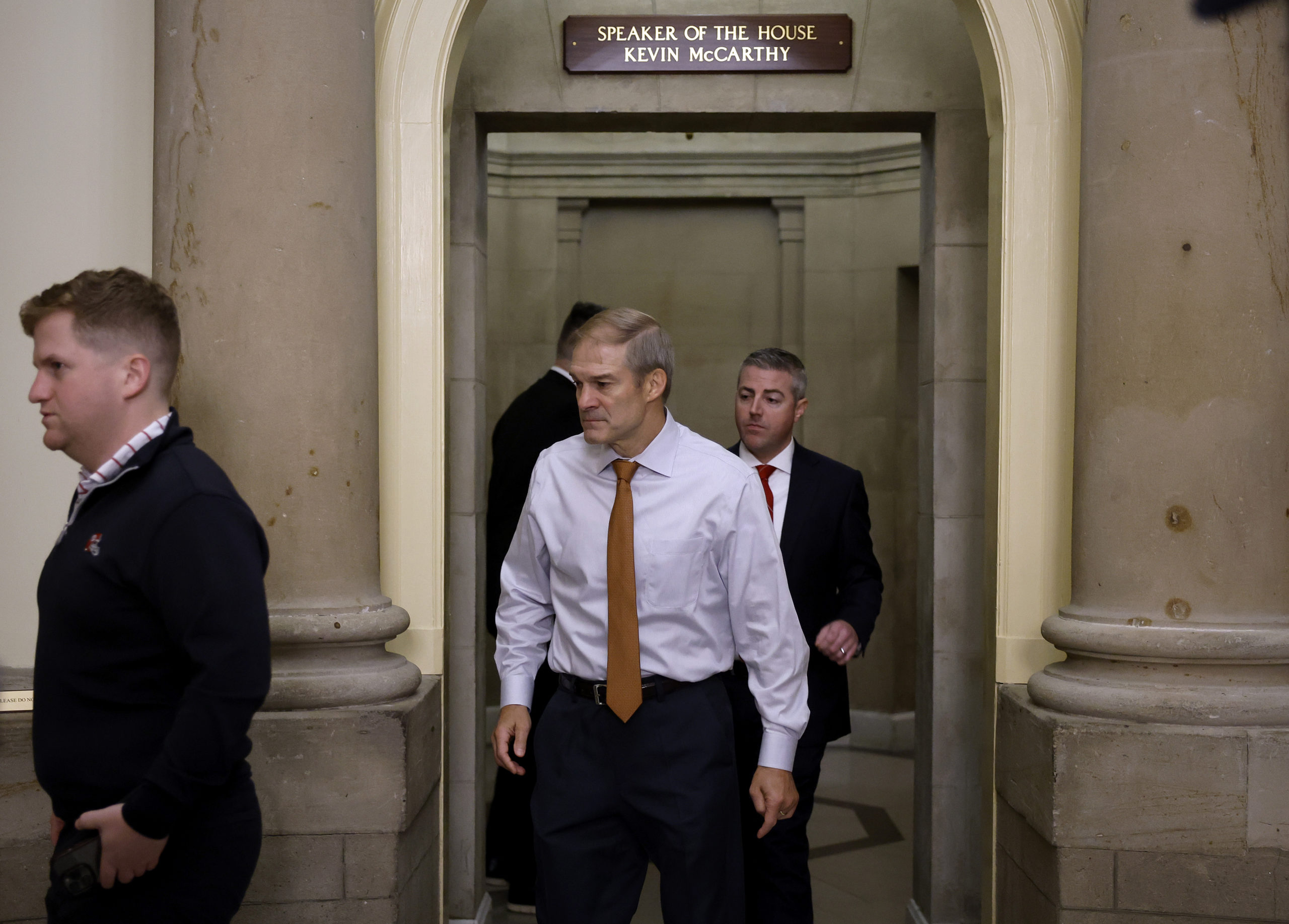 WASHINGTON, DC - OCTOBER 04: House Judiciary Committee Chairman Jim Jordan (R-OH) walks out of the offices of former Speaker of the House Kevin McCarthy (R-CA) as he heads to the House Chamber at the U.S. Capitol on October 04, 2023 in Washington, DC. Jordan announced that he is stepping into the race to replace McCarthy, who was ousted from the speakership on October 3 by a group of conservative members of his own Republican party along with all the Democratic members of the House of Representatives. (Photo by Chip Somodevilla/Getty Images)