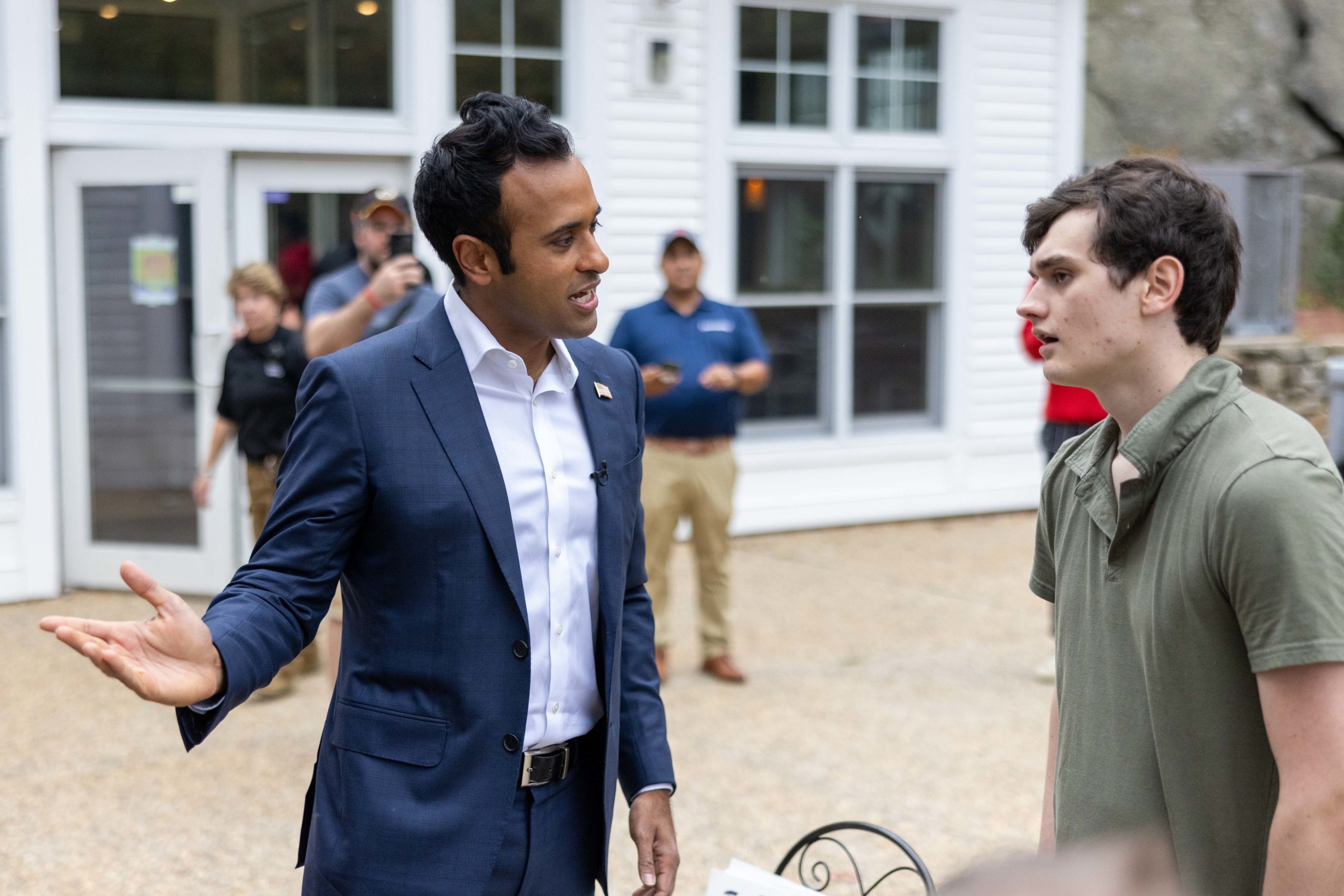 GOP Presidential Candidate Vivek Ramaswamy talks to a protester outside of of his SiriusXM Town Hall at New England College on October 6, 2023 in Henniker, New Hampshire. (Photo by Scott Eisen/Getty Images for SiriusXM)