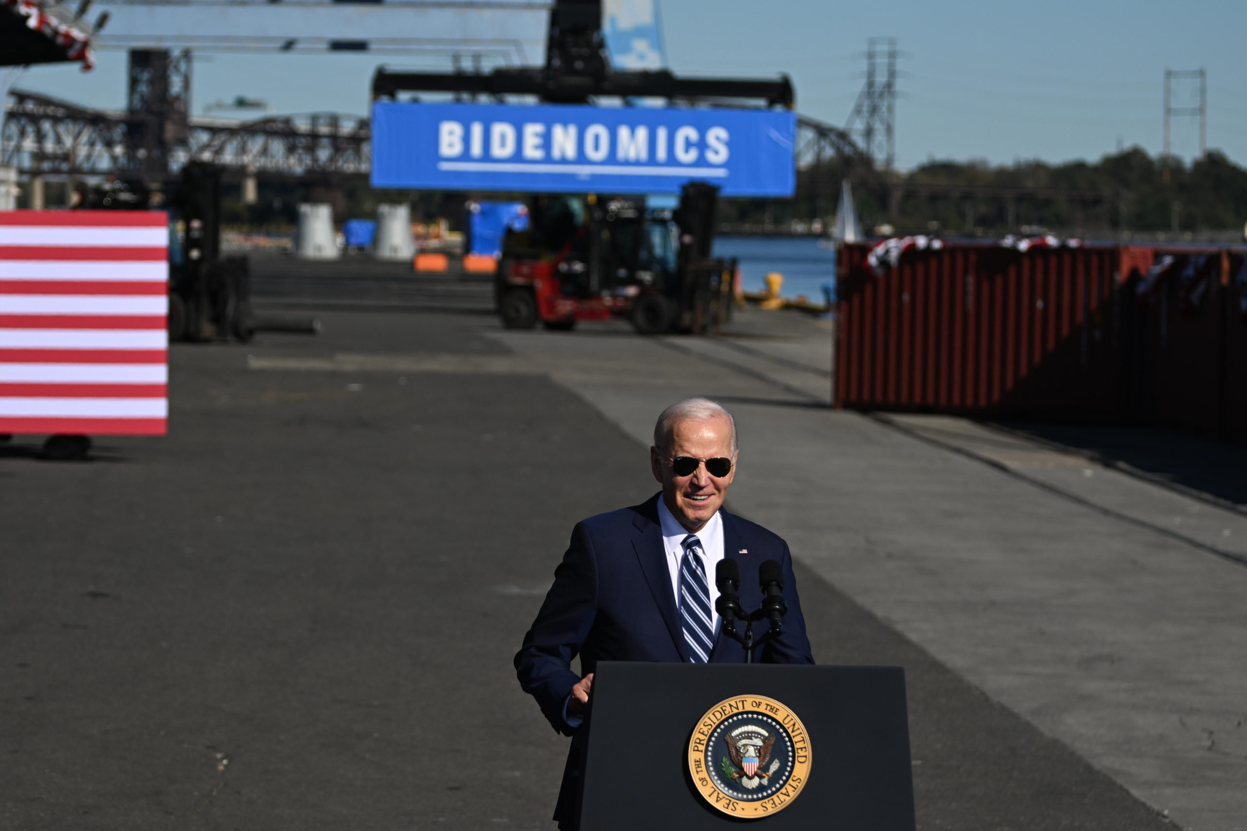 PHILADELPHIA, PENNSYLVANIA - OCTOBER 13: U.S. President Joe Biden speaks at Tioga Marine Terminal on October 13, 2023 in Philadelphia, Pennsylvania. Biden discussed how his Bidenomics agenda is creating good-paying union jobs, investing in infrastructure, accelerating the transition to a clean energy future, and combatting the climate crisis.(Photo by Mark Makela/Getty Images)