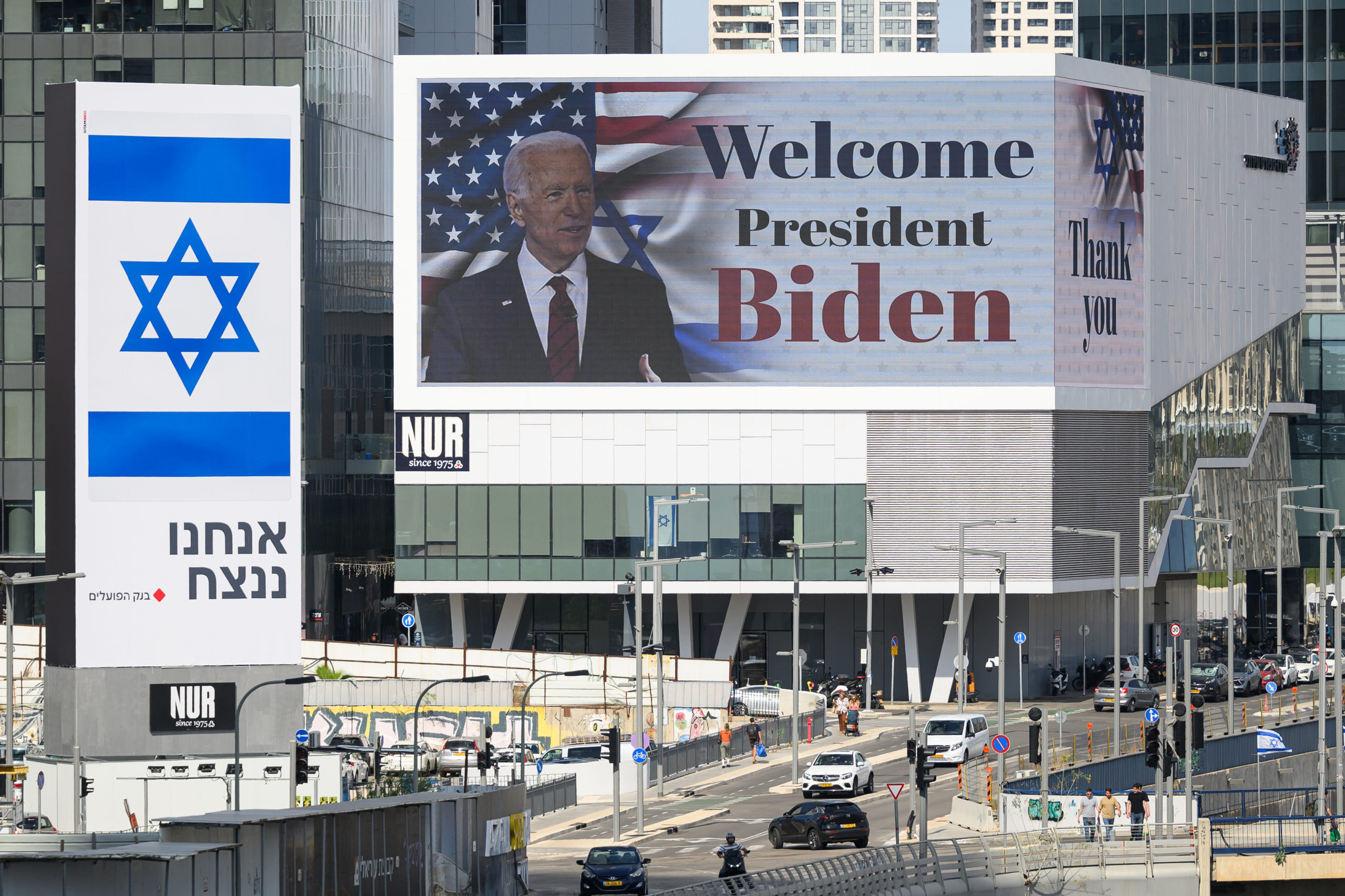 A digital billboard welcomes US President Joe Biden to Israel on October 18, 2023 in Tel Aviv, Israel. President Biden will meet with Prime Minister Benjamin Netanyahu, as well with President Isaac Herzog, and with the families of the hostages taken by Hamas. Jordan cancelled a visit with Biden that was supposed to happen after he left Israel. As Israel prepares to invade the Gaza Strip in its campaign to vanquish Hamas, the Palestinian militant group Hamas who launched a deadly attack in southern Israel on October 7th, worries are growing of a wider war with multiple fronts, including at the country's northern border with Lebanon. Countries have scrambled to evacuate their citizens from Israel, and Israel has begun relocating some communities on its northern border. (Photo by Leon Neal/Getty Images)