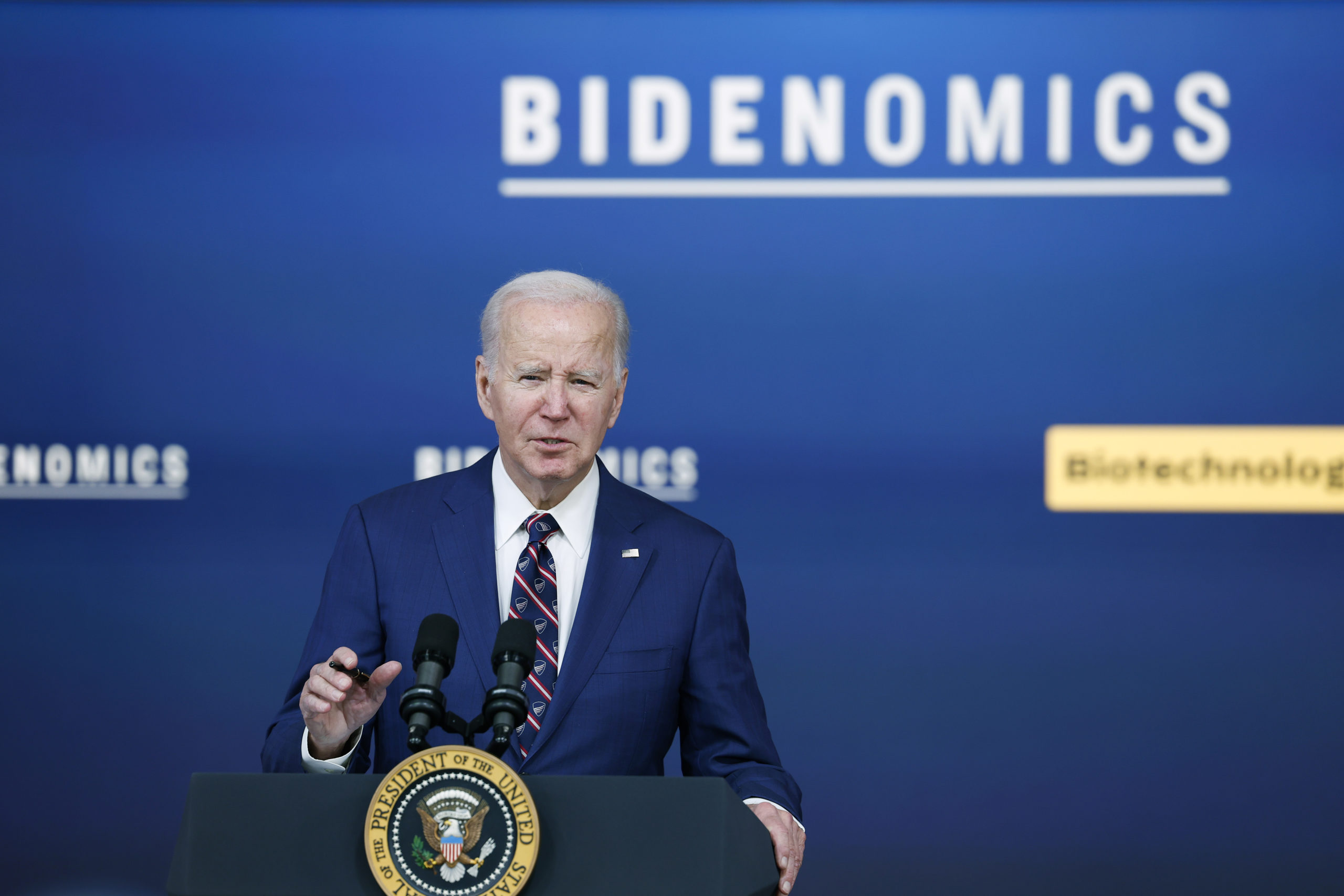 WASHINGTON, DC - OCTOBER 23: U.S. President Joe Biden speaks during an event at the South Court Auditorium in the Eisenhower Executive Office Building at the White House on October 23, 2023 in Washington, DC. During the event Biden spoke on how his administration's "Bidenomics" agenda would invest in technology for people in the United States. (Photo by Anna Moneymaker/Getty Images)