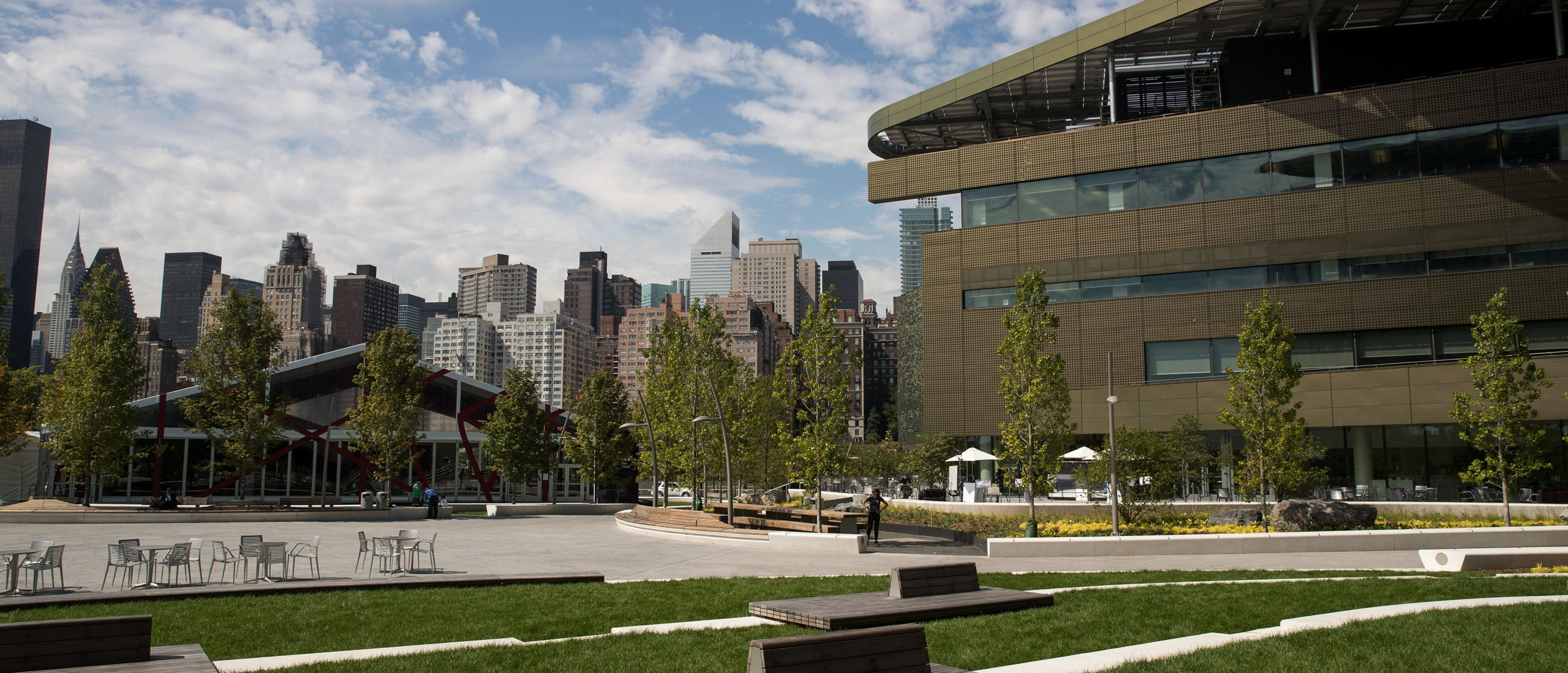 NEW YORK, NY - SEPTEMBER 13: A view of the campus and the main academic building (R), the Bloomberg Center, on the new campus of Cornell Tech on Roosevelt Island, September 13, 2017 in New York City. 