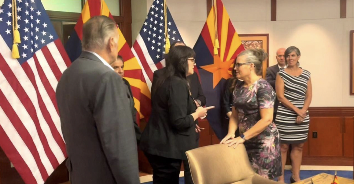 Senator Wadsack (R-LD 17) tells Governor Katie Hobbs (D) not to mess with Education Savings Accounts during Rio Verde signing ceremony (courtesy of Justine Wadsack) 