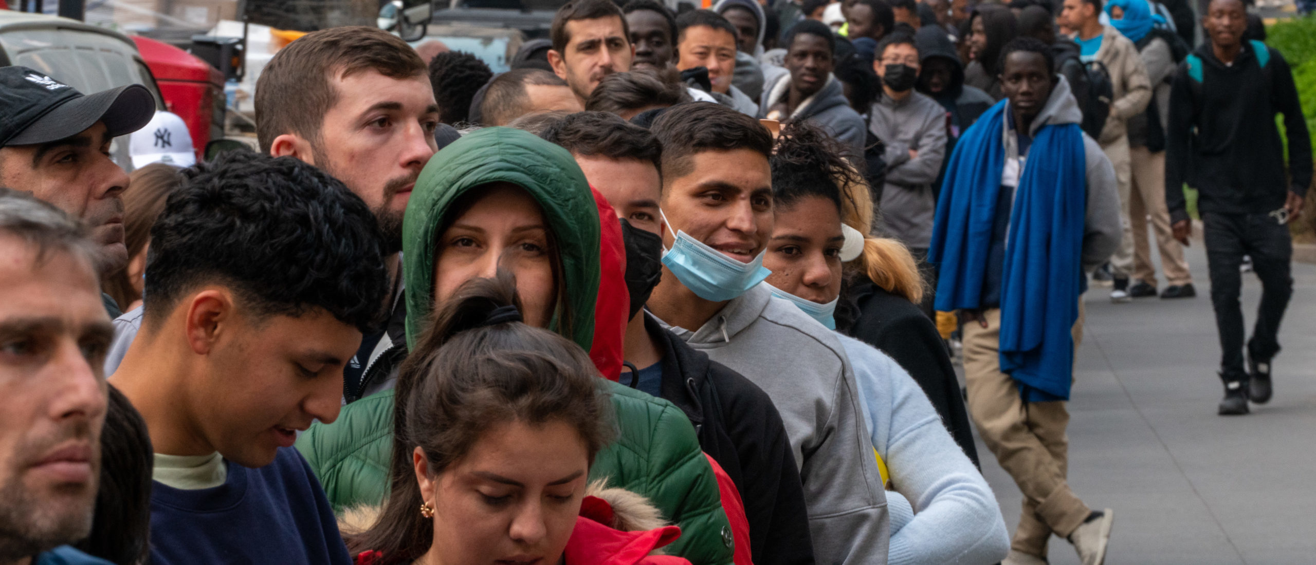 NEW YORK, NEW YORK - JUNE 6:Asylum Seeking Migrants Wait In Line For Immigration Customs Enforcement Appointments (Photo by David Dee Delgado/Getty Images)