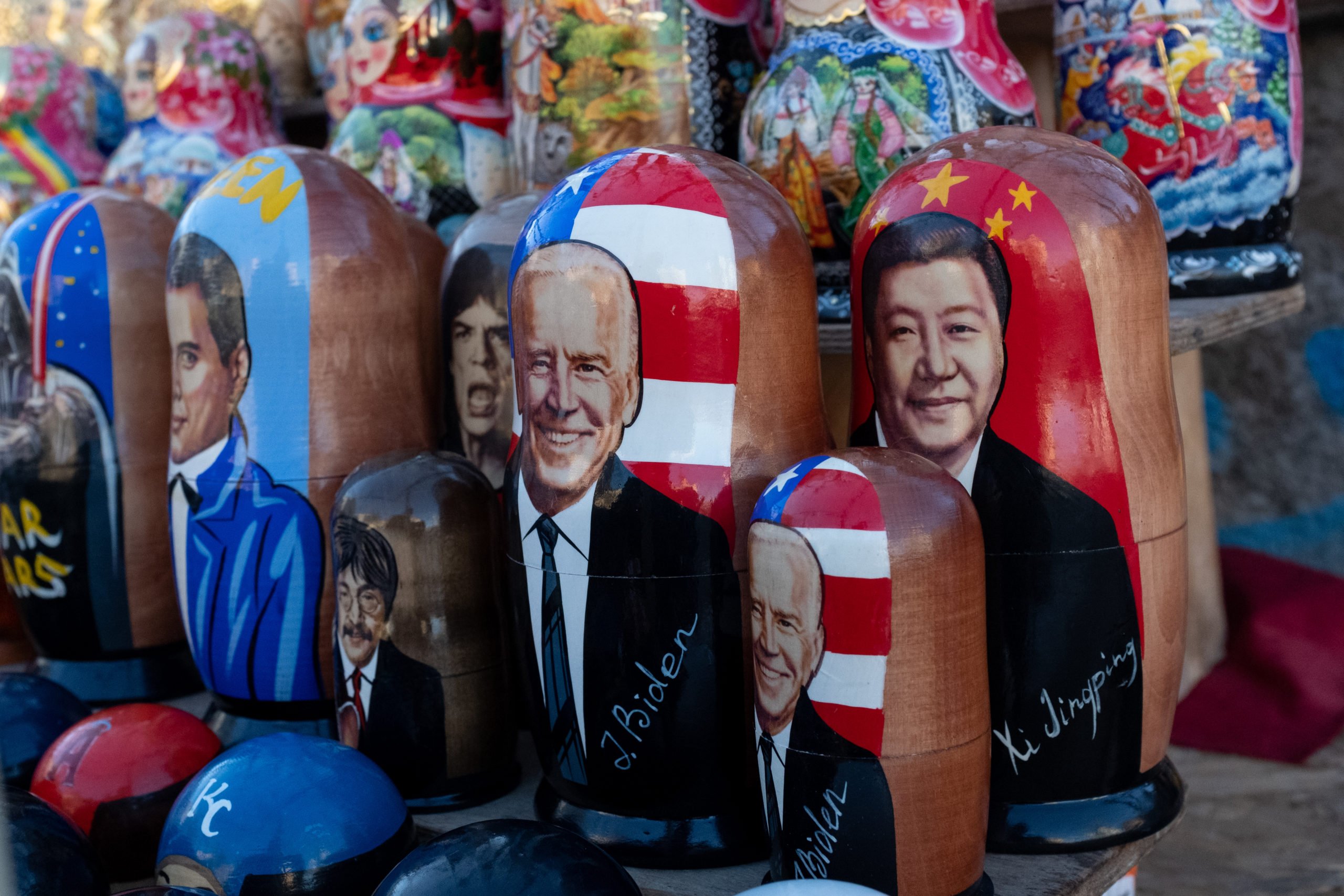 Russian nesting dolls of U.S President Joe Biden and Chinese leader Xi Jinping are seen at a souvenir stand on February 04, 2022 in Kyiv, Ukraine. International fears of an imminent Russian military invasion of Ukraine continue to remain high as Russian troops mass along the Russian-Ukrainian border and weeks of diplomatic talks continue to stall. (Photo by Chris McGrath/Getty Images)