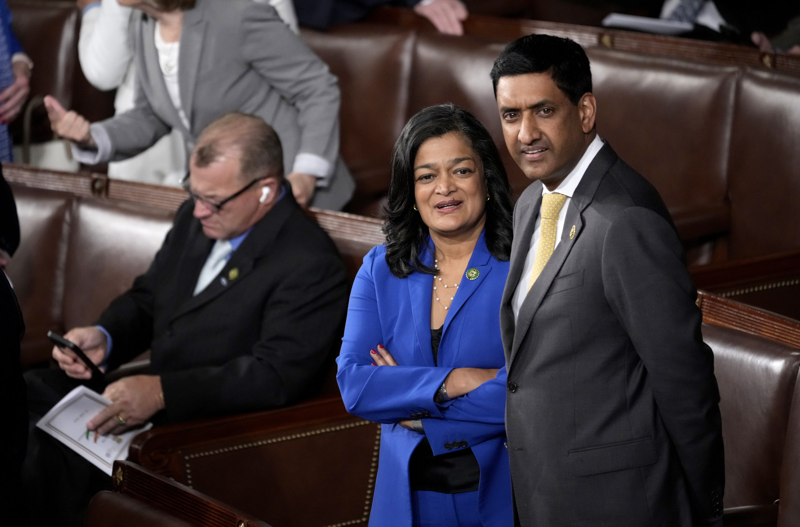 WASHINGTON, DC - JUNE 22: U.S. Rep. Pramila Jayapal (D-WA) and Rep. Ro Khanna (D-CA) wait for an address by Indian Prime Minister Narendra Modi during a joint meeting of Congress at the U.S. Capitol on June 22, 2023 in Washington, DC. Modi is on his first official state visit to the United States and has met with President Biden, Congressional leaders and will visit the State Department tomorrow to discuss strengthening India - U.S. relations. (Photo by Drew Angerer/Getty Images)