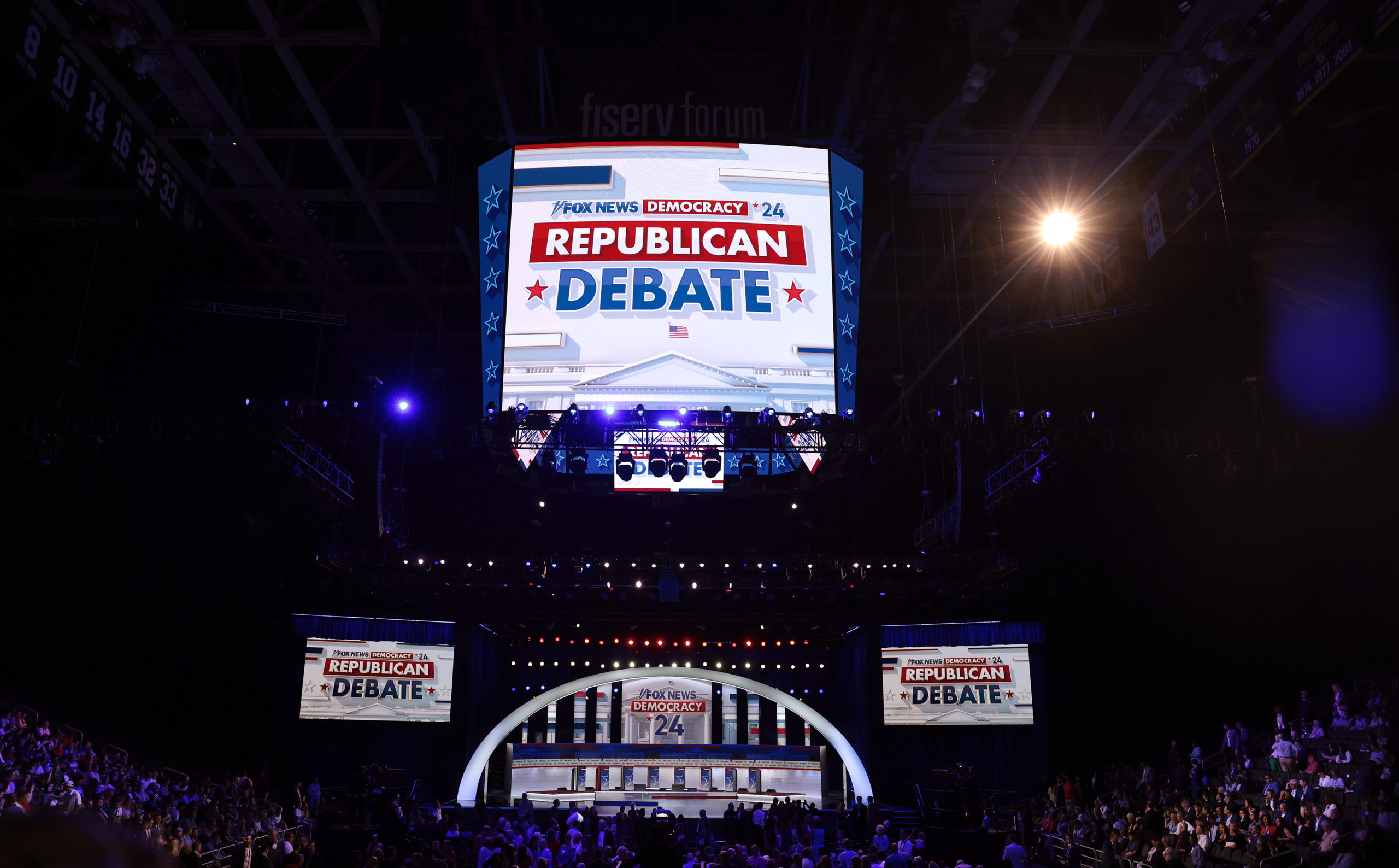 The stage is pictured before the FOX News Republican Presidential Debate 2023 at the Fiserv Forum on August 23, 2023 in Milwaukee, Wisconsin. Eight presidential hopefuls, including former Arkansas Gov. Asa Hutchinson, former New Jersey Gov. Chris Christie, former U.S. Vice President Mike Pence, Florida Gov. Ron DeSantis, Vivek Ramaswamy, former U.N. Ambassador Nikki Haley, U.S. Sen. Tim Scott (R-SC) and North Dakota governor Doug Burgum are set to squared off in the first Republican debate as former U.S. President Donald Trump, currently facing indictments in four locations, declined to participate in the event. (Photo by Win McNamee/Getty Images)
