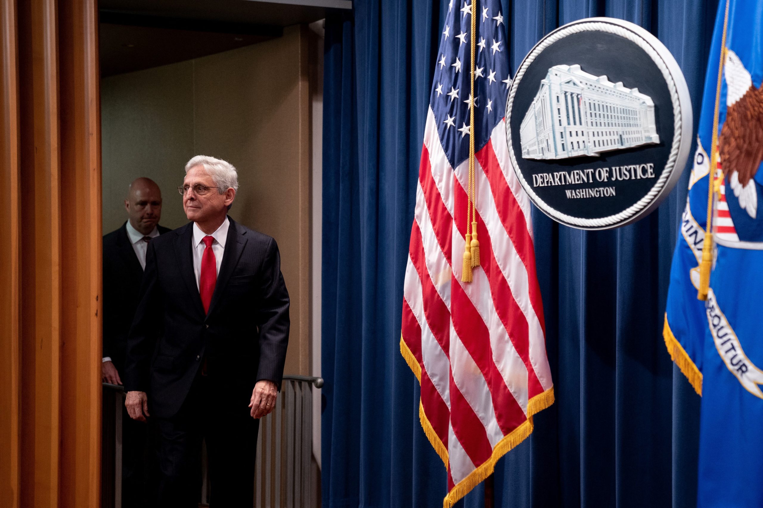 US Attorney General Merrick Garland arrives to speak at a press conference to announce disruptions of the fentanyl precursor chemical supply chain at the Justice Department in Washington, DC, on October 3, 2023. The United States announced sanctions Tuesday on a China-based network for producing and distributing chemicals used to make drugs including those that have fueled a deadly national fentanyl crisis. (Photo by Stefani Reynolds / AFP) (Photo by STEFANI REYNOLDS/AFP via Getty Images)