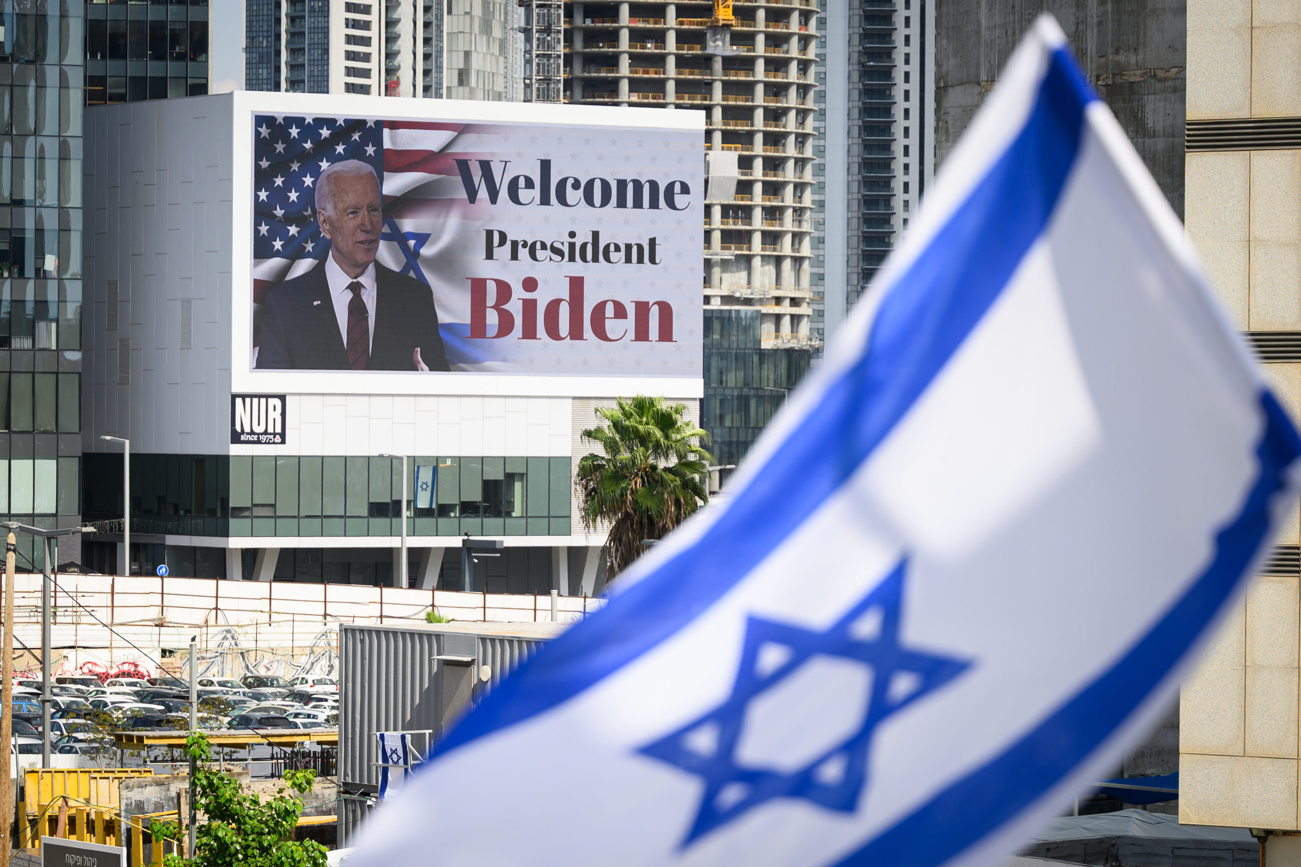 A digital billboard welcomes US President Joe Biden to Israel on October 18, 2023 in Tel Aviv, Israel. President Biden will meet with Prime Minister Benjamin Netanyahu, as well with President Isaac Herzog, and with the families of the hostages taken by Hamas. Jordan cancelled a visit with Biden that was supposed to happen after he left Israel. As Israel prepares to invade the Gaza Strip in its campaign to vanquish Hamas, the Palestinian militant group Hamas who launched a deadly attack in southern Israel on October 7th, worries are growing of a wider war with multiple fronts, including at the country's northern border with Lebanon. Countries have scrambled to evacuate their citizens from Israel, and Israel has begun relocating some communities on its northern border. (Photo by Leon Neal/Getty Images)