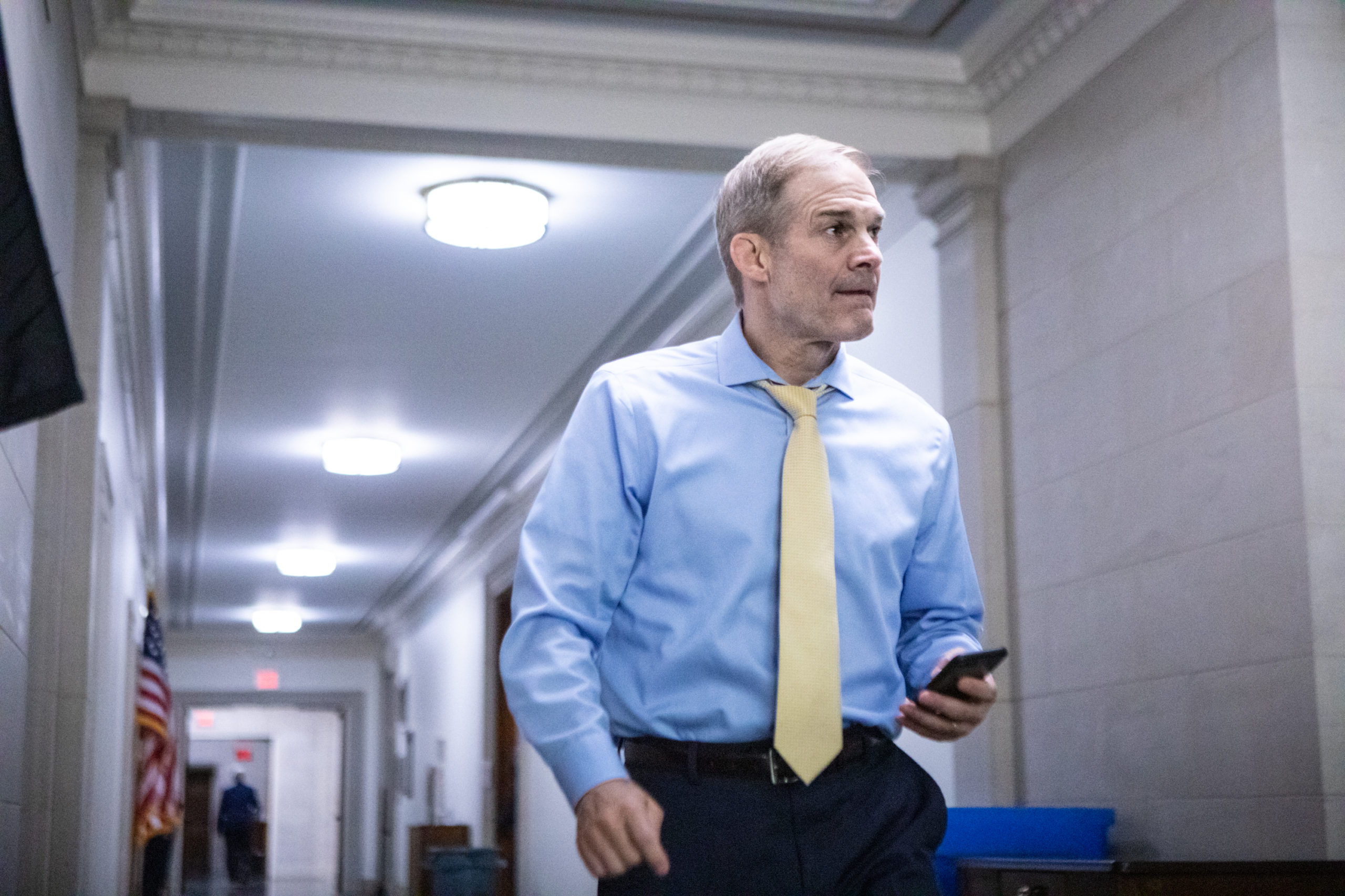 WASHINGTON, DC - OCTOBER 24: U.S. Rep. Jim Jordan (R-OH) walks through the Longworth House Office Building after the Republican conference voted to nominate Rep. Mike Johnson to be Speaker of the House on October 24, 2023 in Washington, DC. (Photo by Anna Rose Layden/Getty Images)